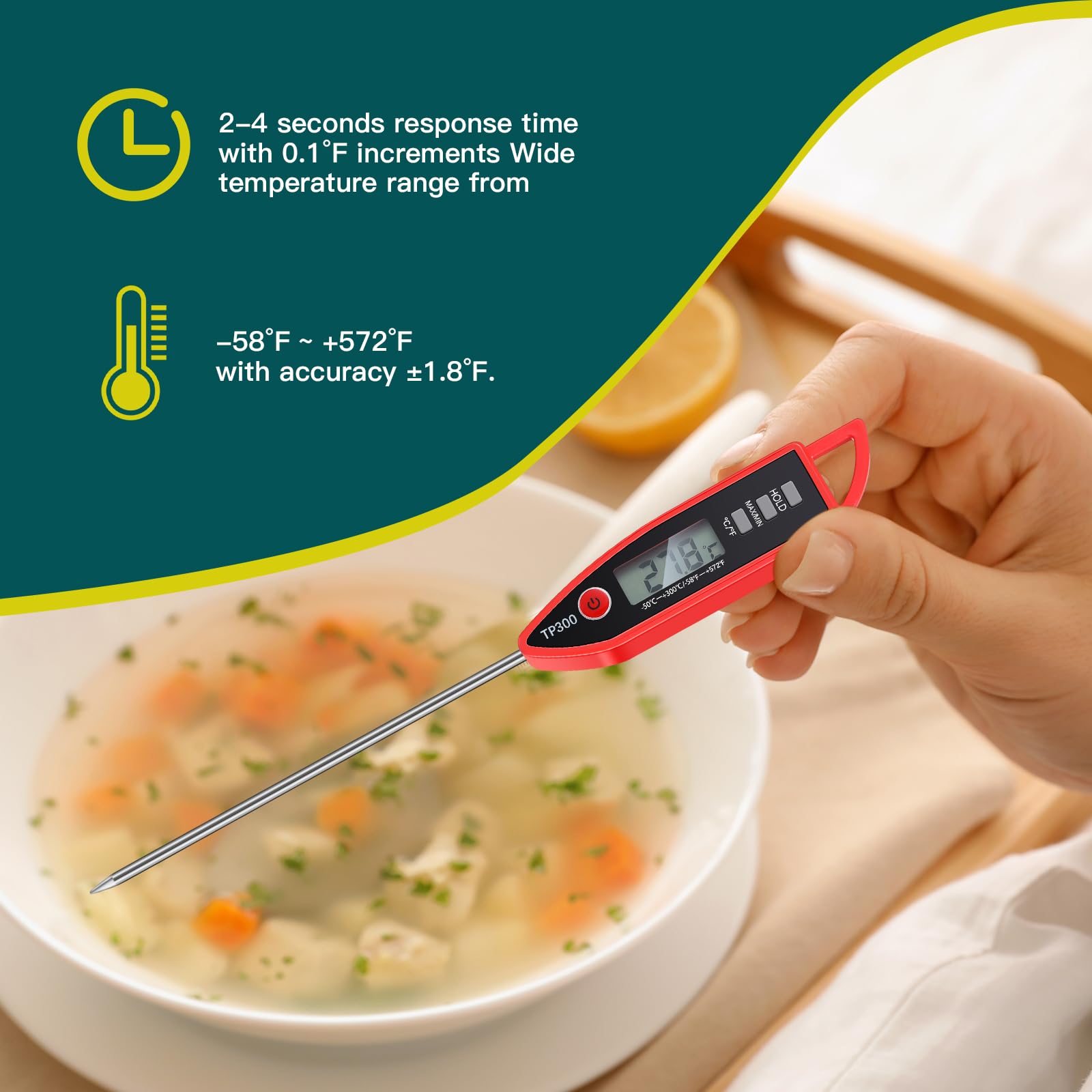 Copkim Termometro digitale impermeabile per acqua, liquidi, candele e carne, con sonda lunga, lettura istantanea, per cucina, barbecue, grill e caramelle (rosso)