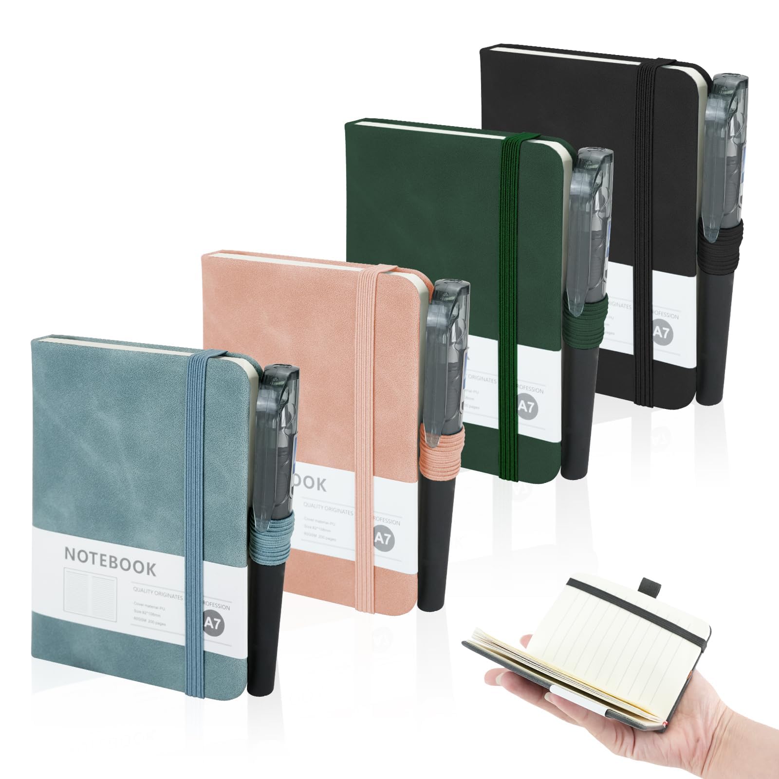 Mulaibdin 4 Pack Pocket Notebook, A7 Notebooks with Pen, Small Journal Leather Notepads Hardcover Mini Cute Notebooks Holder Page Marker Ribbons for