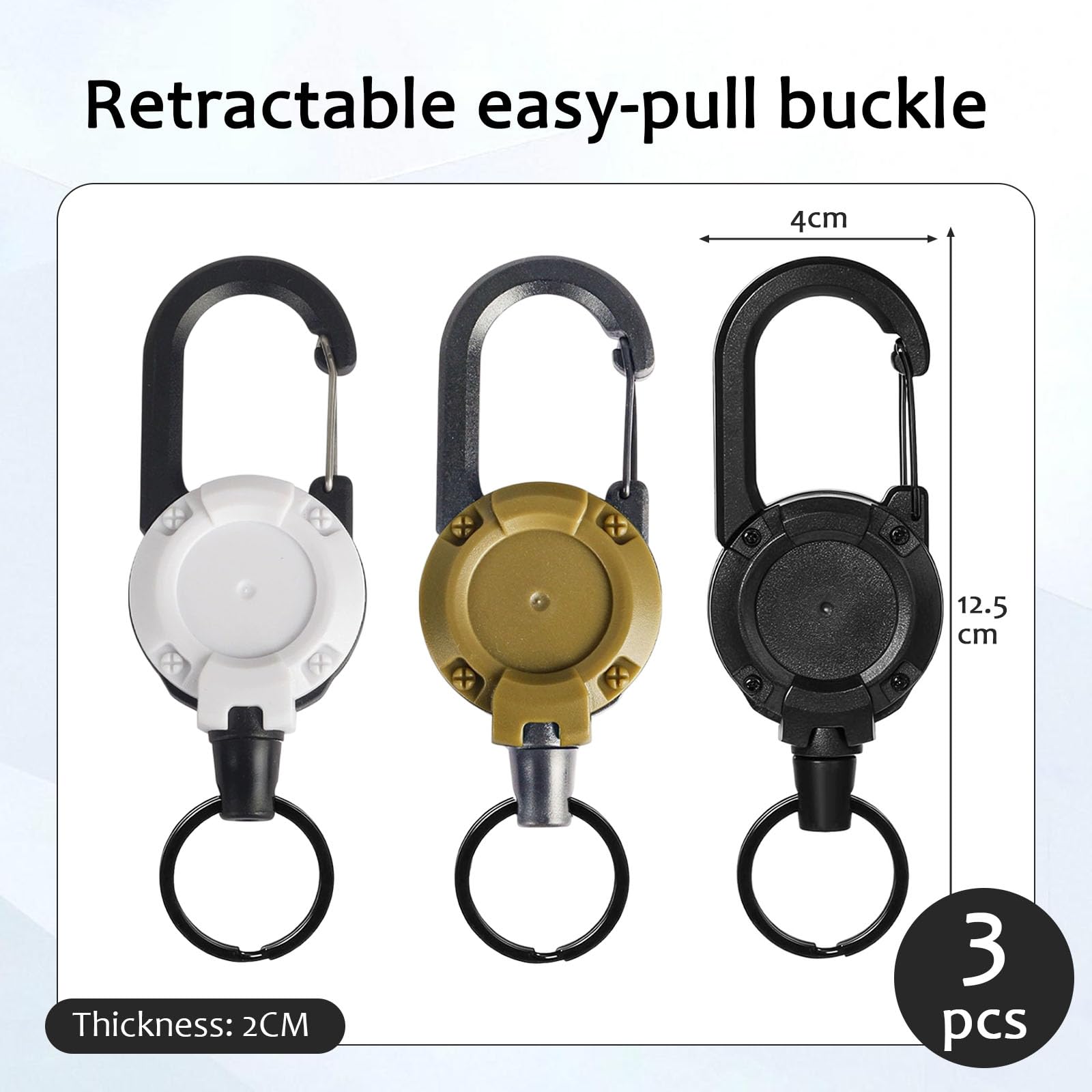 3 Pack Heavy Duty Retractable Keychain Retractable Lanyard with 60cm Steel Cord Extendable Key Chain Extendable Extendable Lanyard for Id Cards Keys And More for Outdoor(Khaki,Black,White) - Image 2