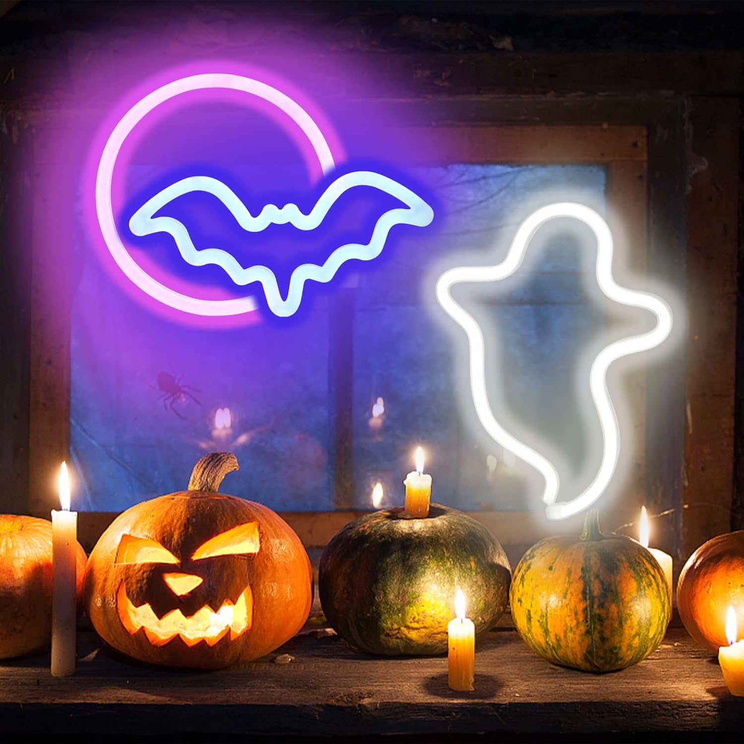 BRIGHTDECK 2 Pack Halloween Neon Signs, White Ghost, Blue Bat Full Moon Neon Lights Decorations, USB/Battery Powered Led Neon Sign for Halloween Wall Decor, Bedroom, Kids Gift, Bar, Party(Full Moon)