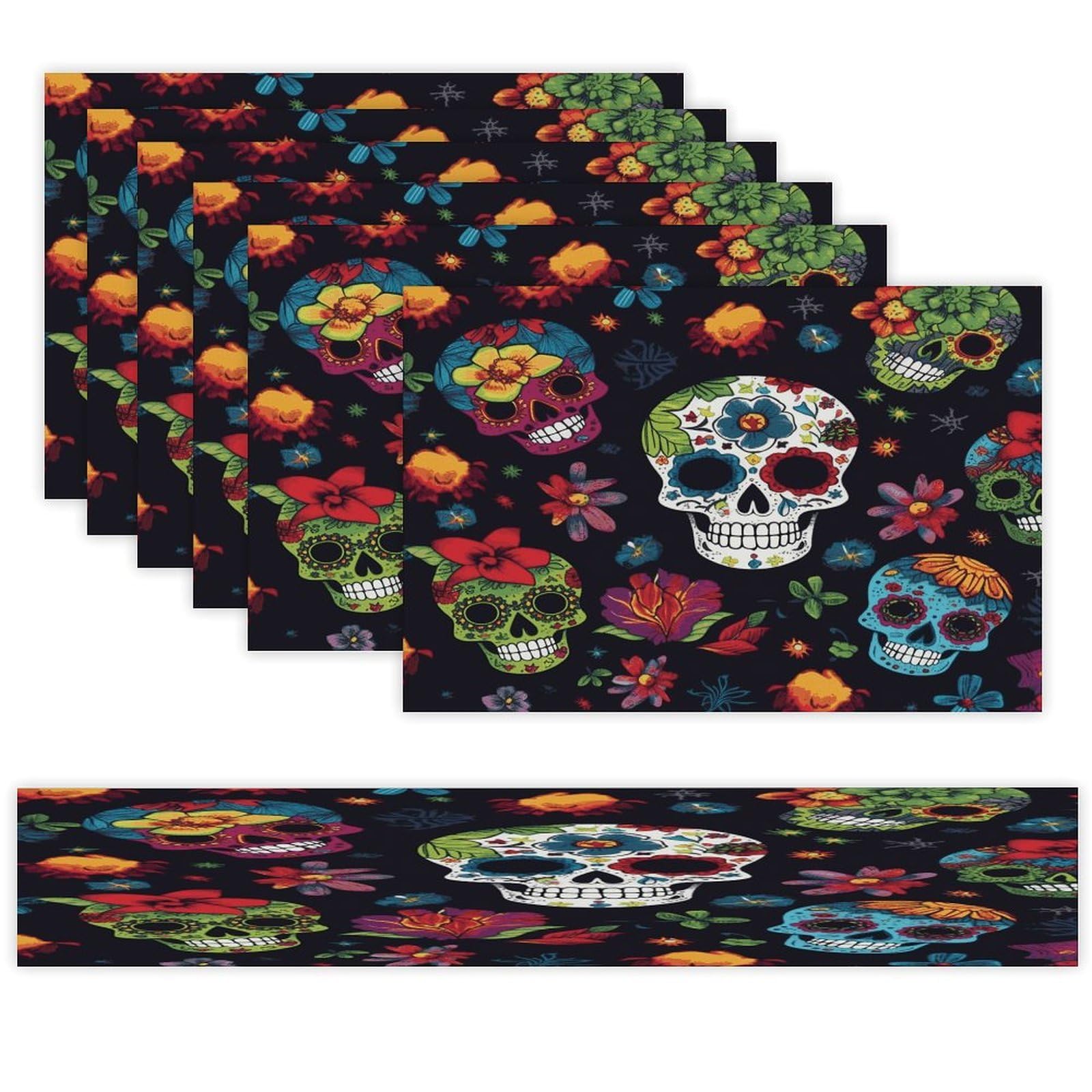 Flower Cactus Sugar Skull Table Runner and Placemats Set of 6 for Kitchen Washable Table Mats Heat Resistant Place Mats Non-Slip Place Mat Wipeable Placemat(6 Placemats+1 Table Runner)