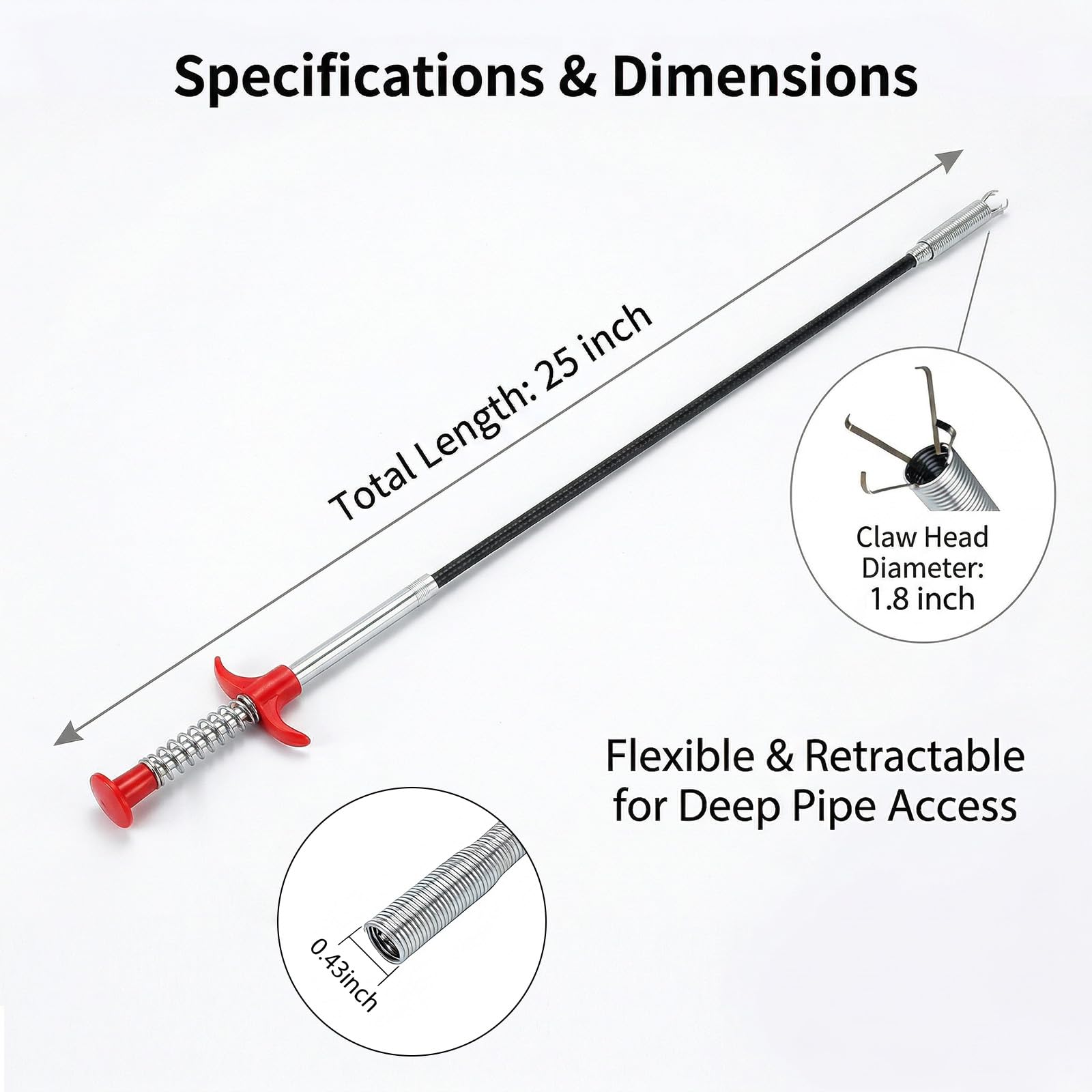 Strumento di rimozione degli intasamenti dello scarico, 63,5 cm, flessibile, pieghevole, per la pulizia degli scarichi di WC, fogna, doccia, cucina, bagno e vasca intasati - 3