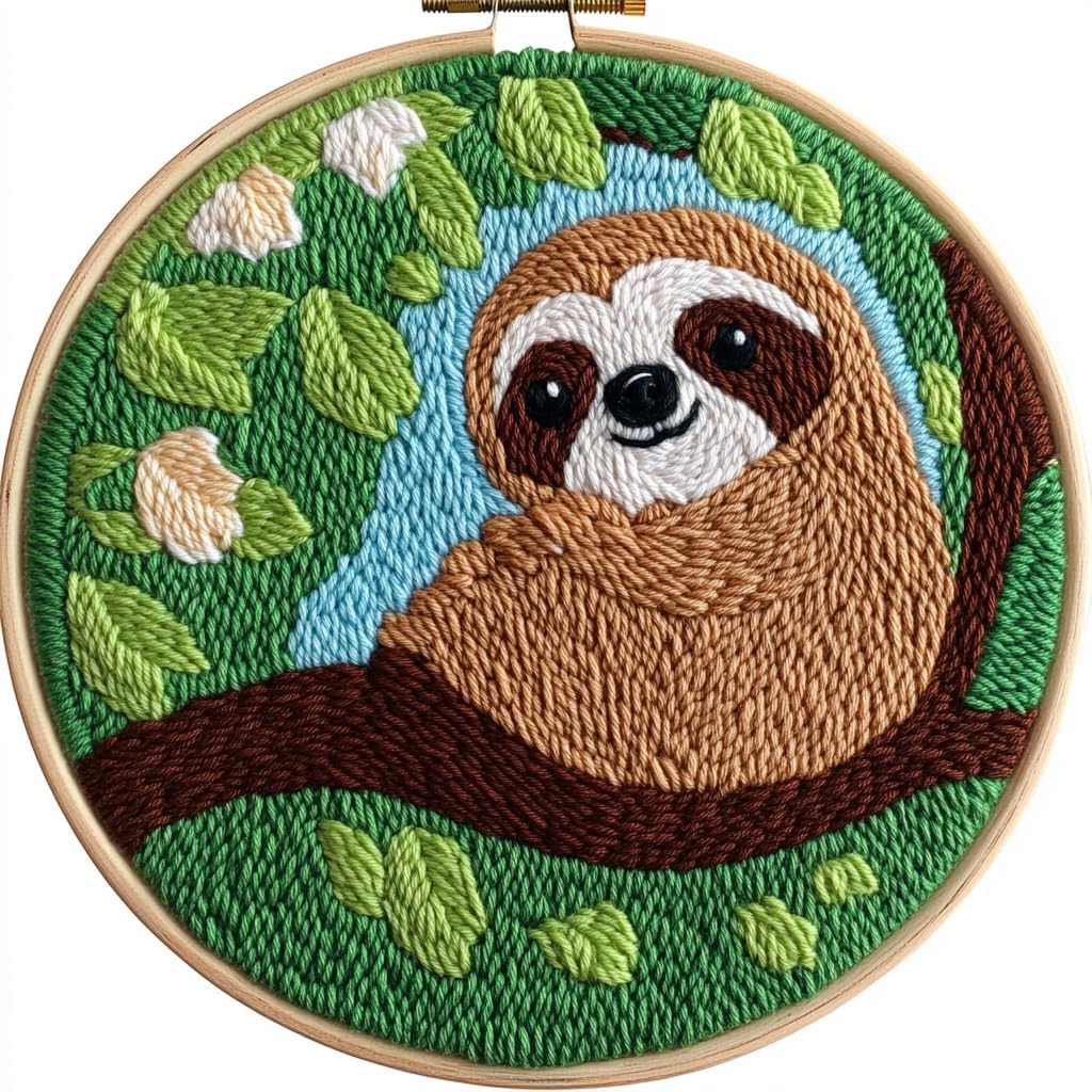 DIY Punch Needle Kit Cartoon Cute Brown Sloth on Tree Branch Embroidery Punch Needle Starter Craft with Hoop Easy for Beginners for Festival and Decoration 20x20cm