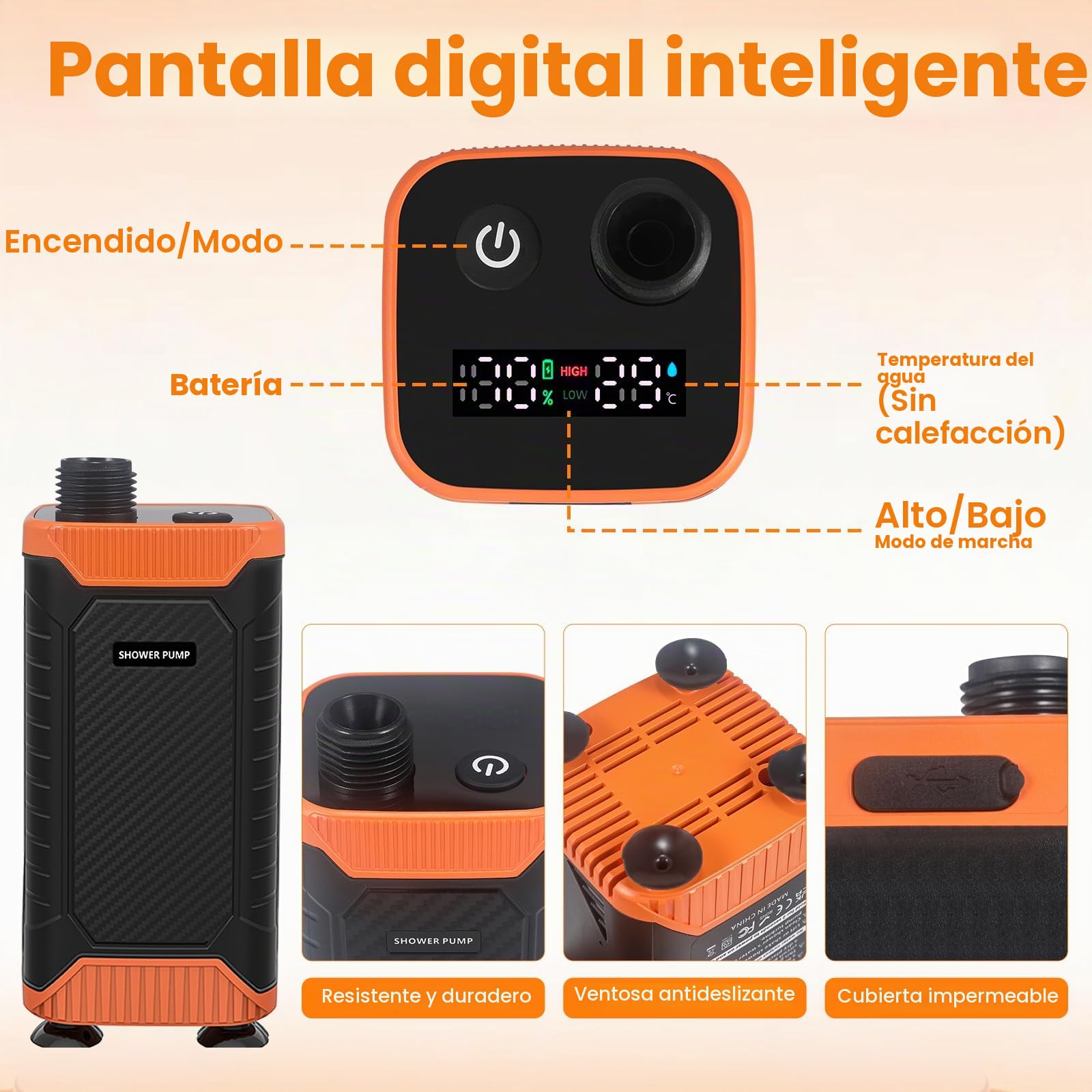 Ducha Portátil de Camping, Bomba Recargable 8000 mAh con Doble Velocidad, IPX8, Pantalla Digital Inteligente - Kit para Exteriores Ideal para Viajes, Lavado de Coches y Baño de Mascotas