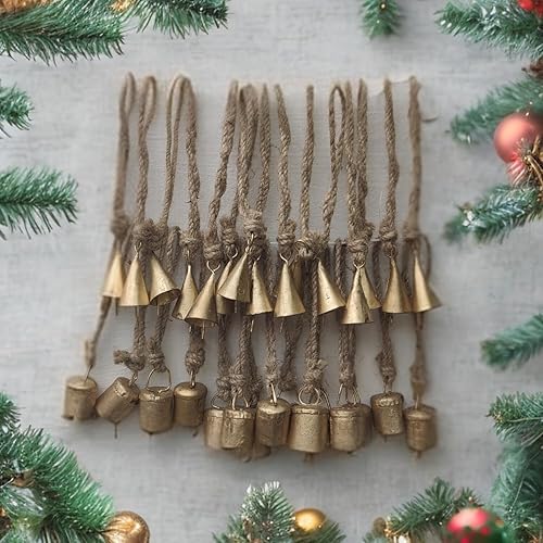 Miniatura 4 de Campanas de vaca pequeñas rústicas rústicas de metal de la suerte hechas a mano con cuerda de yute de 1.6 in, paquete de 30 campanas de mezcla con
