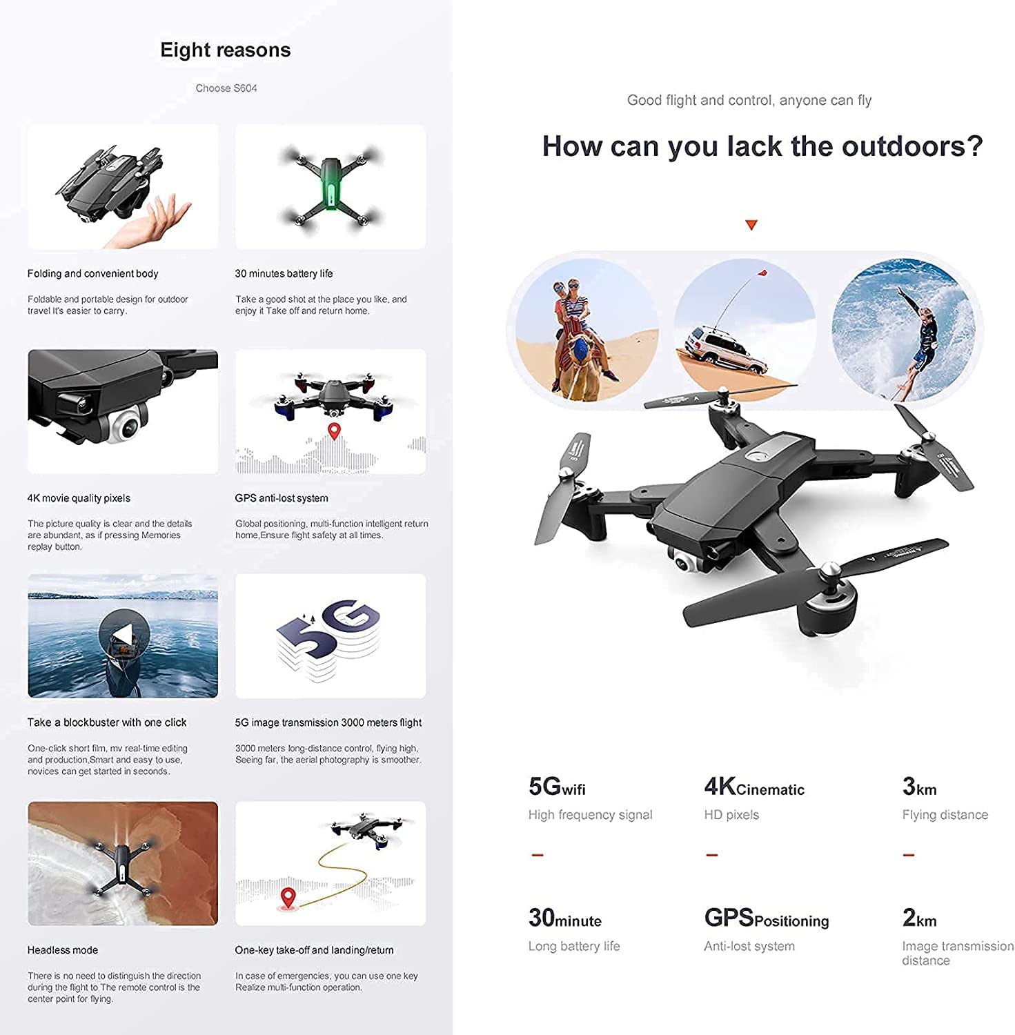 Dron z pojedynczą/podwójną kamerą 2.4G/5G 4k GPS Powrót do domu Tryb bezgłowy, funkcja dla dzieci Dorośli Wideo na żywo 20 minut Żywotność baterii z pięknem Wygodny na zewnątrz Profesjonalny