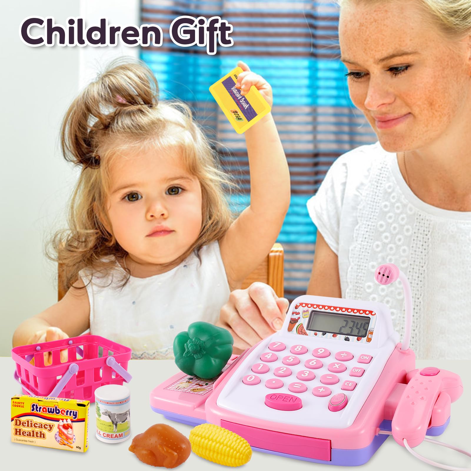 HYAKIDS Registratore di Cassa Supermercato Giocattolo per Bambini con Scanner di Suoni e Luci, Cibo Finto, Carrello, Giochi di Imitazione Regalo per Ragazze Ragazzi 3 Anni Rose