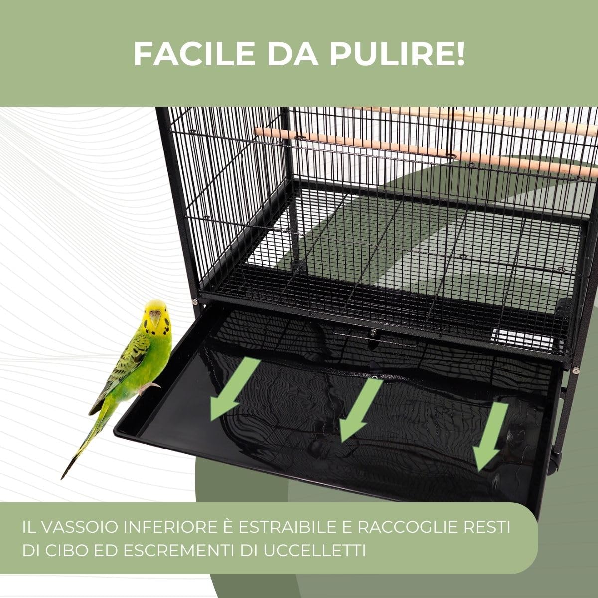 Mobiclinic®, Gabbia per Uccelli, XL, Ruote il Trasporto, Freni, Apertura superiore, Vassoio Rimovibile, 8 Porte, Grandi dimensioni, 95x43x61,5 cm, Mangiatoie, Abbeveratoi, Posatoi, Ninfa