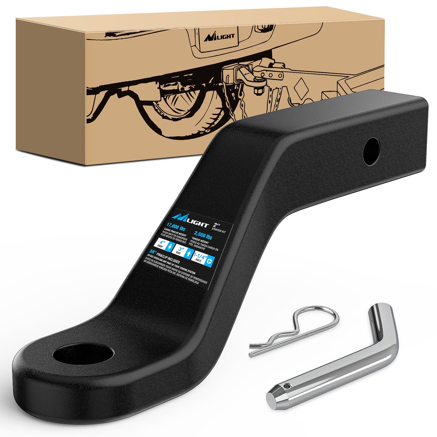 Nilight Forged Trailer Hitch Mount Fits 2" Receiver | Square 5/8" Hitch Pin Clip 17000 lbs 4" Drop, 1-1/4” Hole, Gloss Black Powder Coat