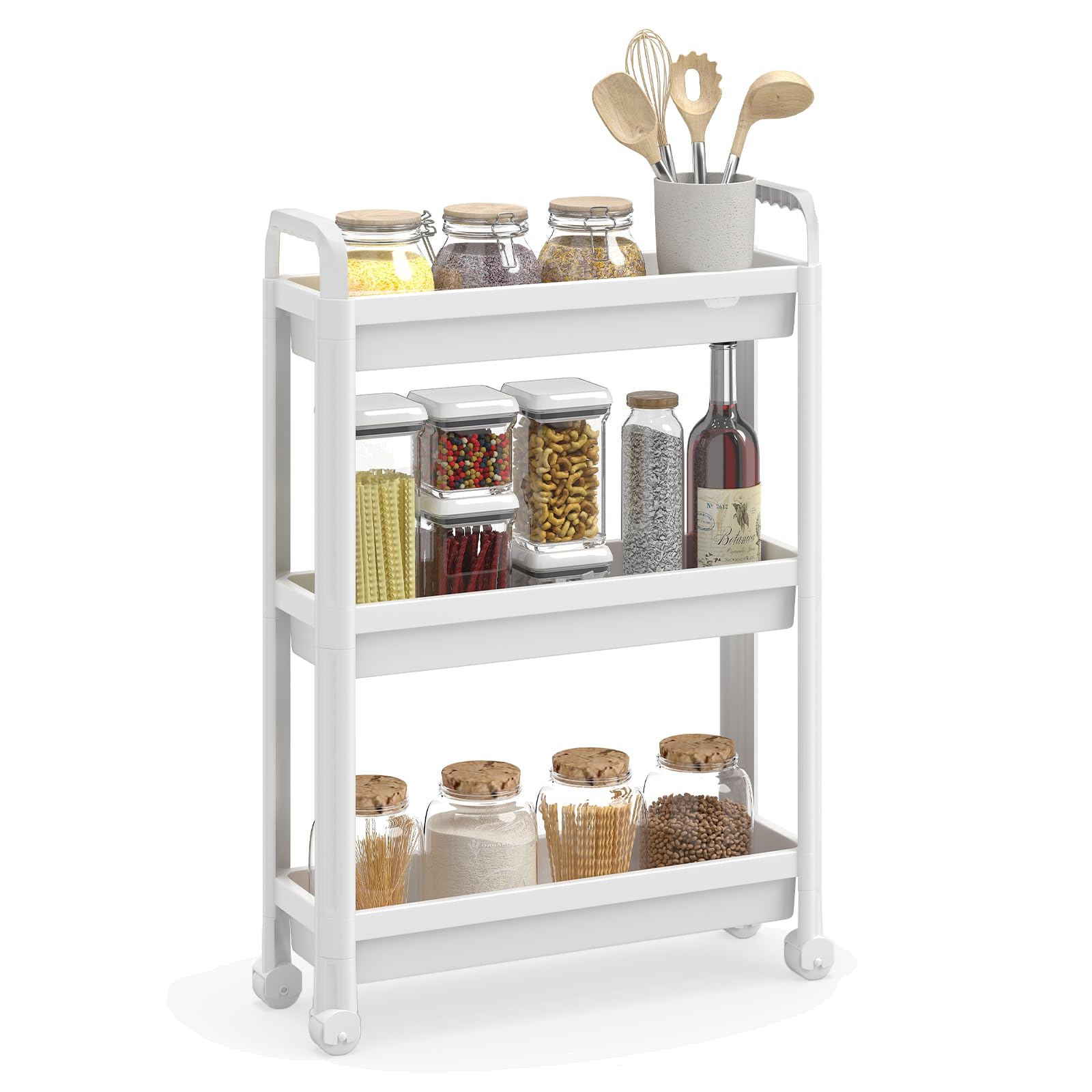 COSTWAY 3/4/5 Tier Slim Storage Trolley, Narrow Rolling Utility Cart on Wheels, Slide Out Storage Shelving Organizer for Kitchen Bathroom Laundry Office, 18.5cm Wide (White, 3 Tier with Handles)