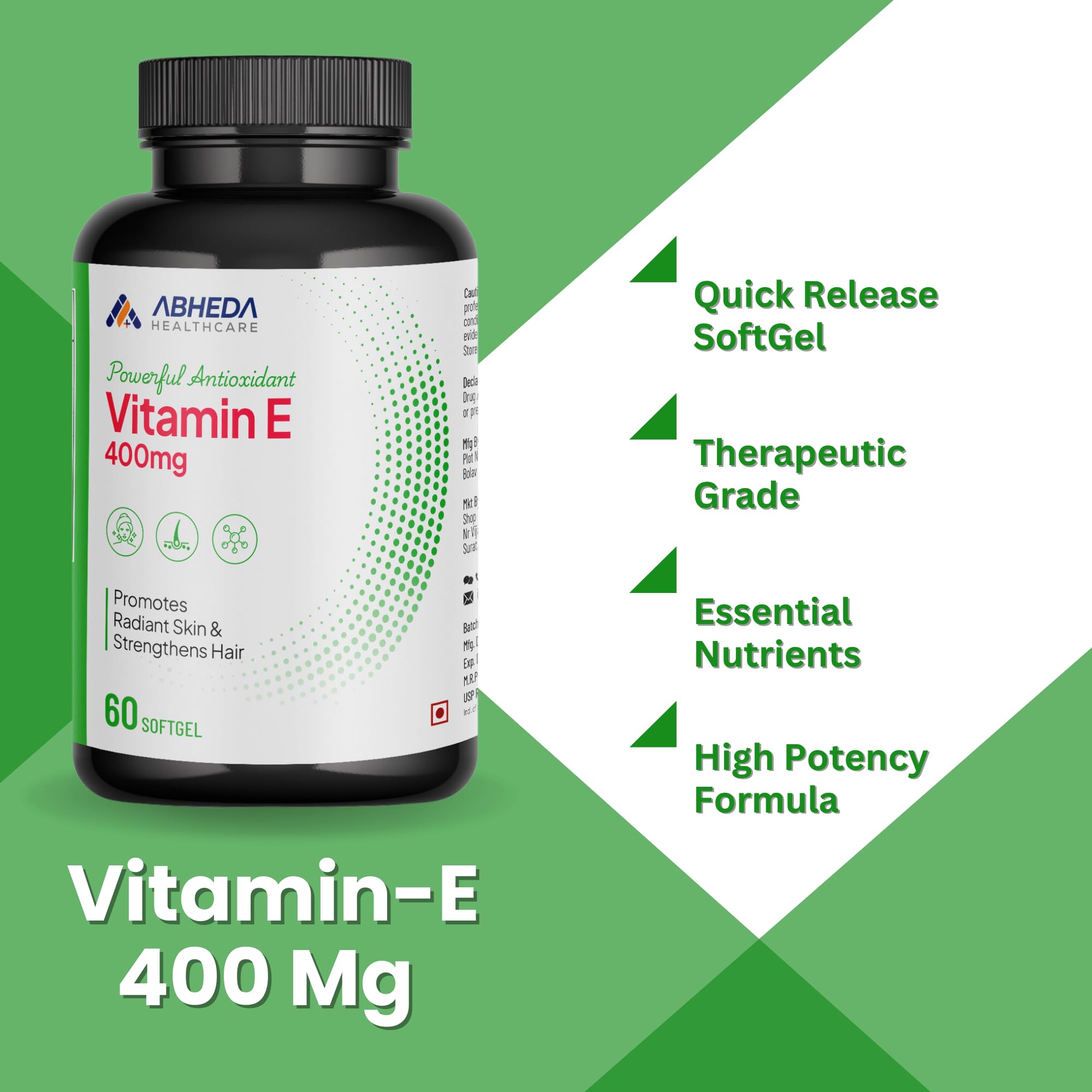 ABHEDA HEALTHCARE Vitamin E 400mg - 60 Softgels - Promotes Healthy Hair, Skin & Nails - Potent Antioxidant, Supports Immune & Skin Health 1