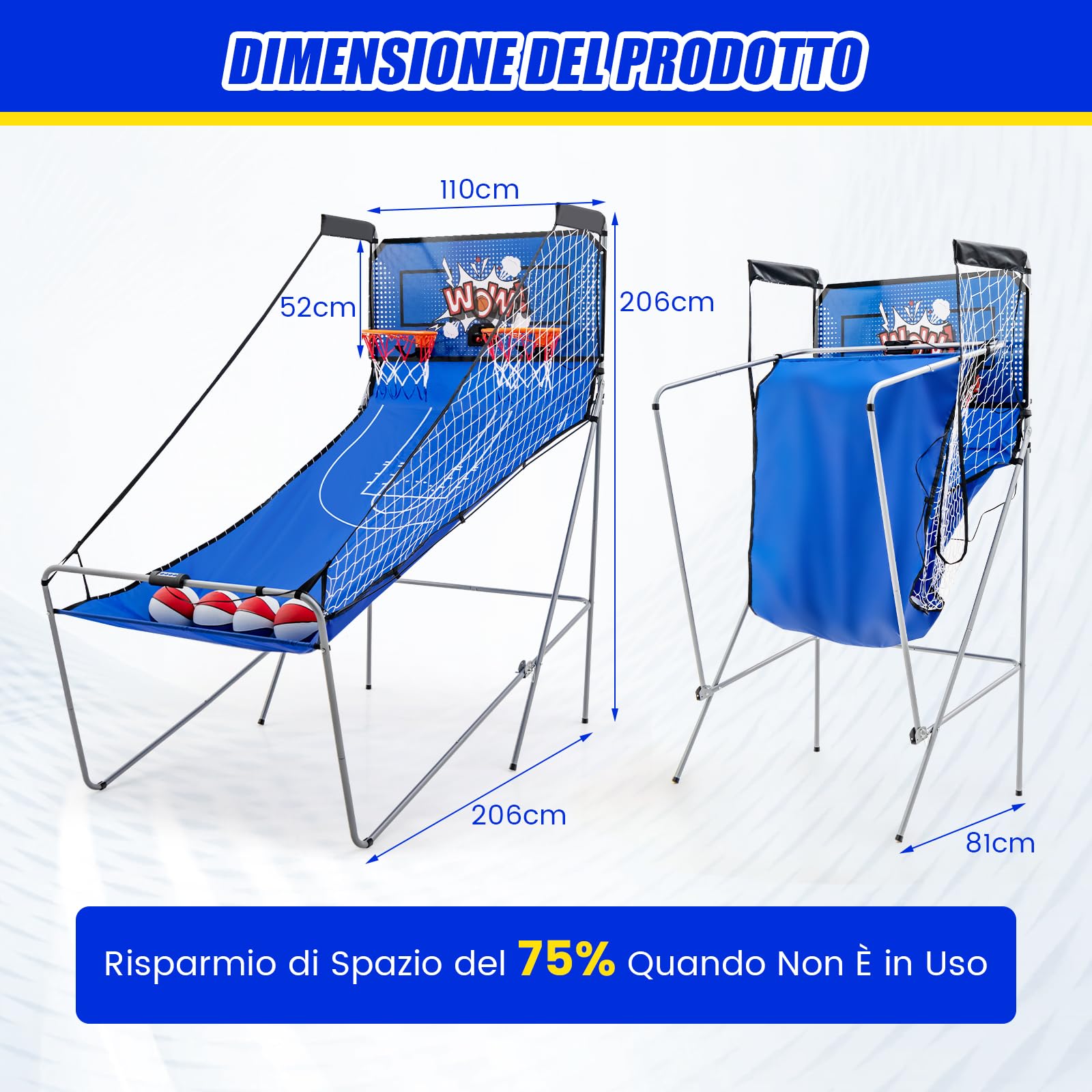 COSTWAY Macchina da Pallacanestro Elettronica Pieghevole, Gioco Arcade da Basket a Doppio Tiro per Casa con 8 Modalità di Gioco, Suono Arcade, Punteggio Elettronico, 4 Palloni e Pompa (Blu)