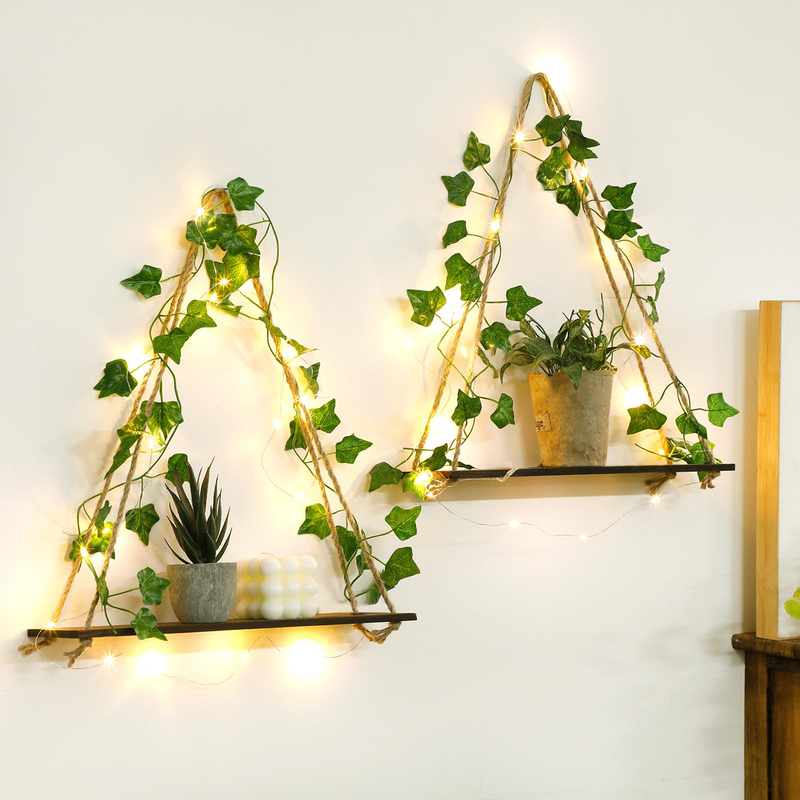 2 Pack Artificial Ivy Wall Hanging Shelves Boho Floating Shelves Wall Decor, Adjustable Rustic Wood Shelf with LED Light Storage Rack Macrame Plant Shleves Holder for Bedroom Brown Artificial Ivy
