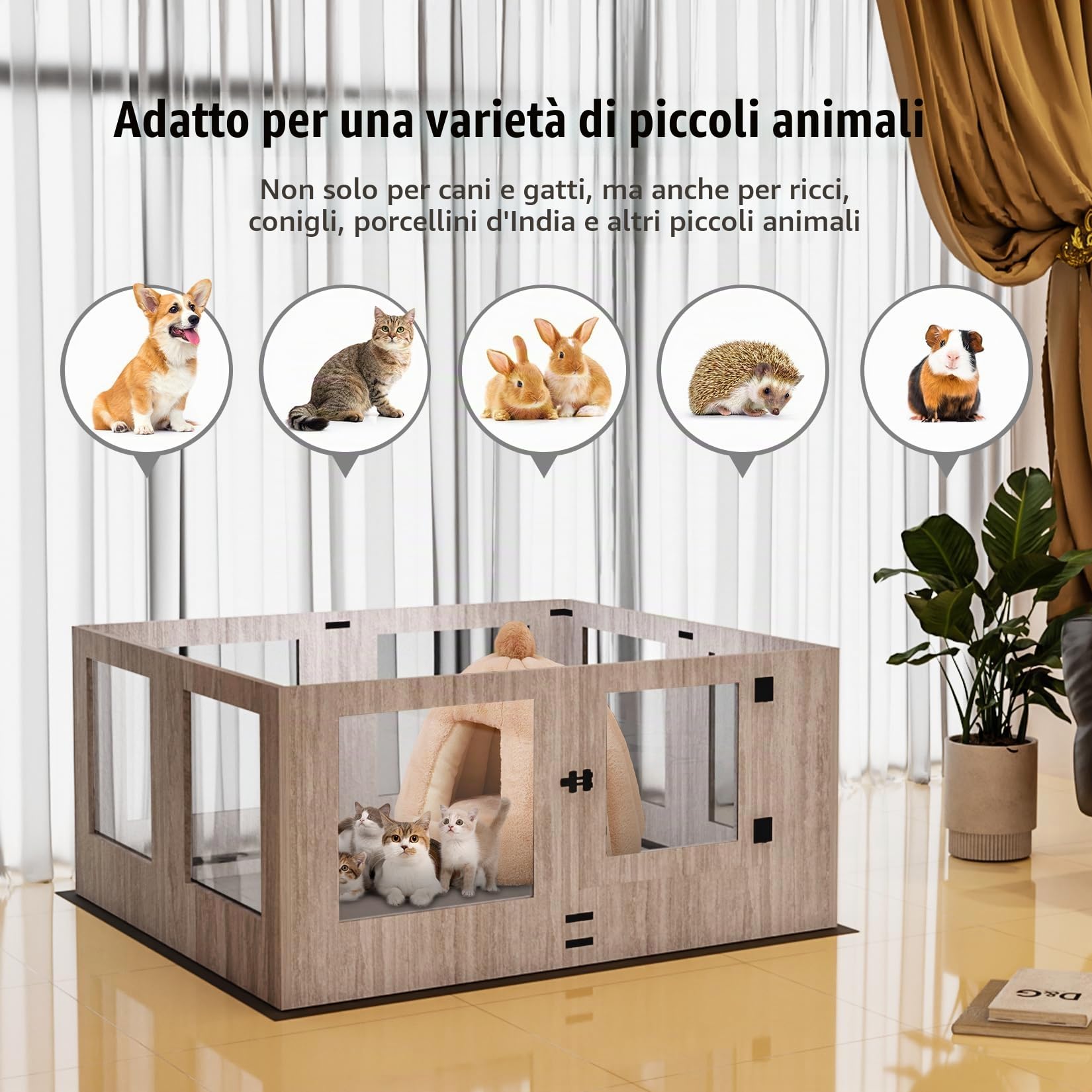 Recinto Box Parto per Cani Vetro Temperato Alto 60cm Legno Telaio 120x118cm