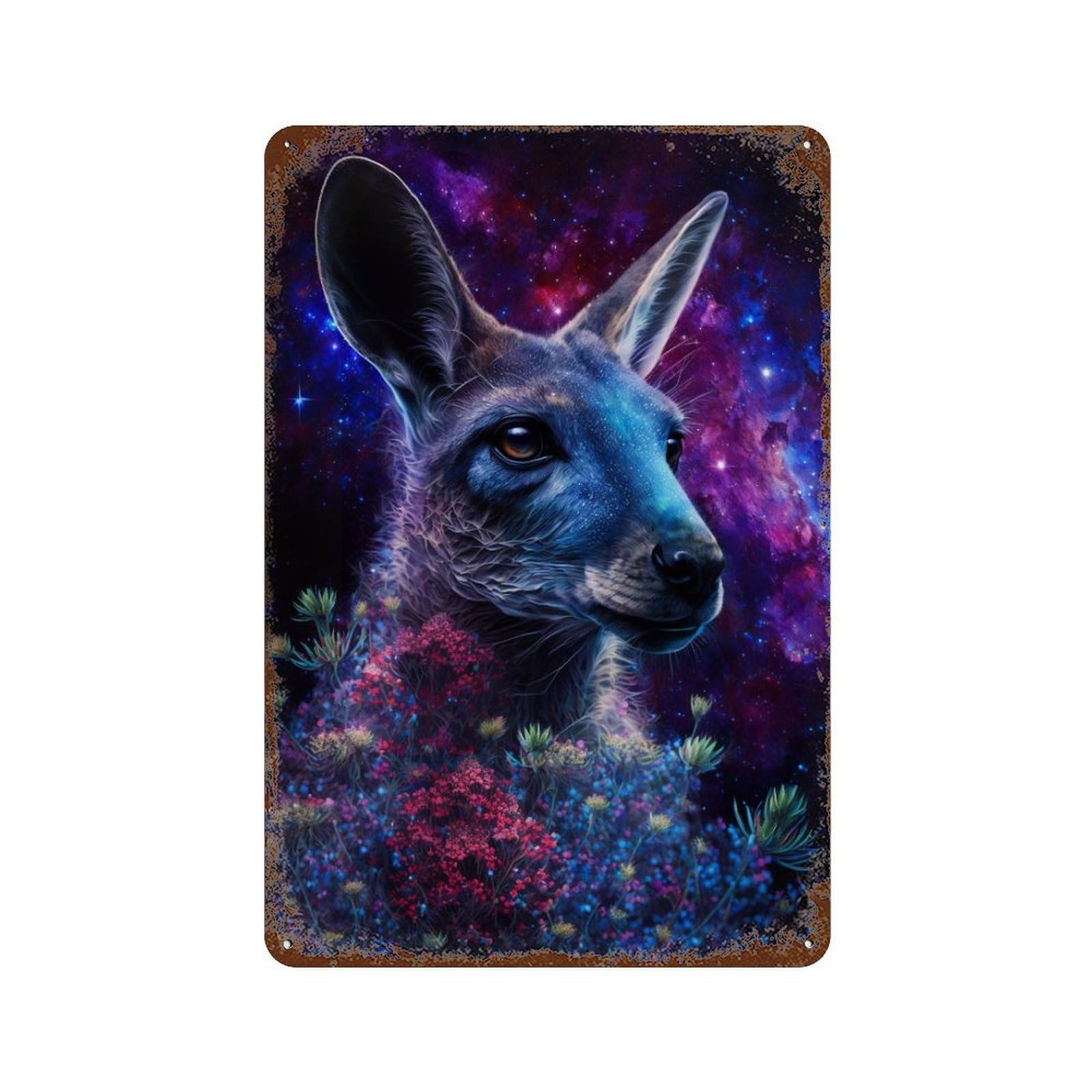 Kangaroo in Space Flowers Rusty Metal Tin Sign 11.8"x7.9", for Farmhouse, Kitchen And Entryway Decor, Rustic Home Decor