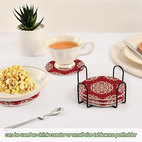 Miniatura 6 de Damask Talavera Red - Posavasos de 6 piezas, posavasos tejidos absorbentes, posavasos para escritorio con soporte, 3.94 pulgadas