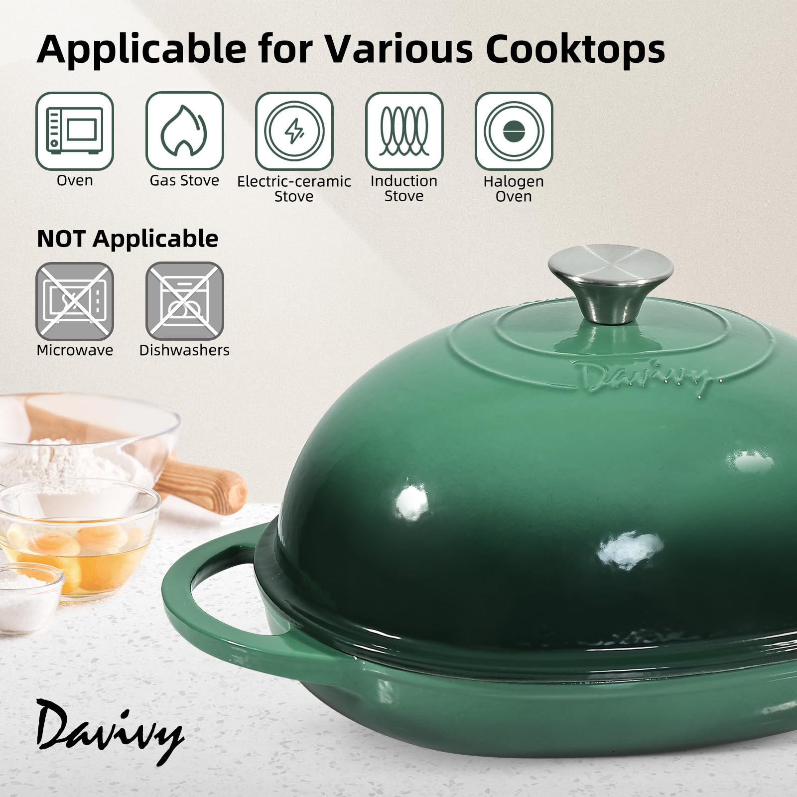 Davivy Horno holandés ovalado de hierro fundido esmaltado de 5.5 L para pan de masa madre, olla holandesa de 6 cuartos con tapa abovedada, olla de pan de hierro fundido (verde bosque, con alfombrilla