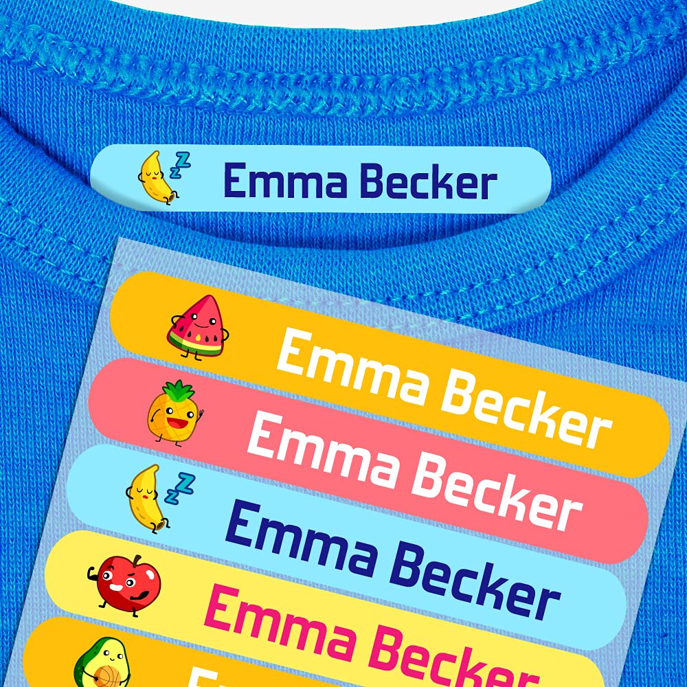 50 Personalised Iron-On Labels for Children's Clothes, Iron-On Stickers, Washer and Dryer Resistant, Size 6 x 1 cm. (FRUTAS)