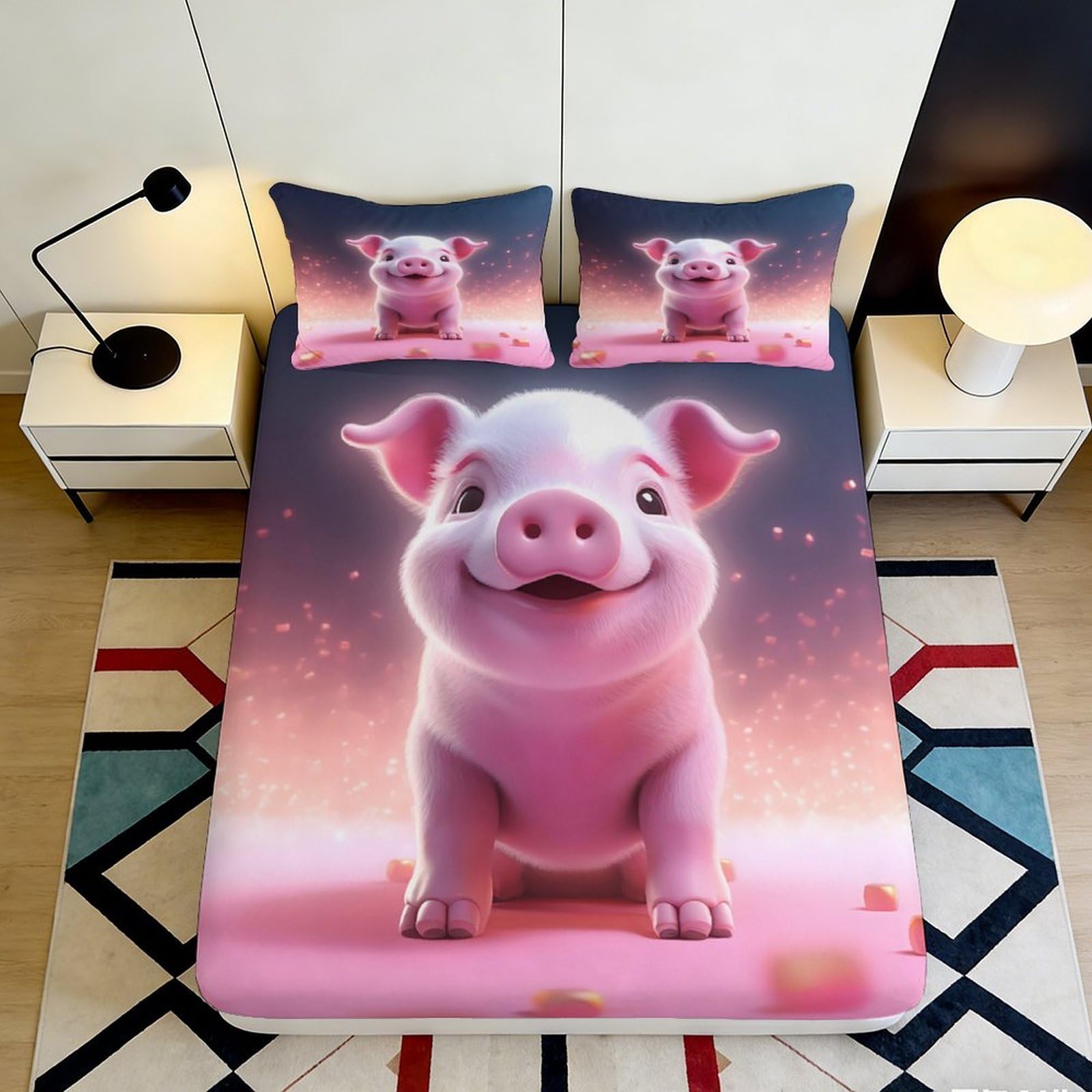 3D Printed Cute Pig Fitted Sheet Microfiber Soft Cartoon Animal Bed Sheet for Bedroom Dorm Mattress Protection Decor 90x200x25cm