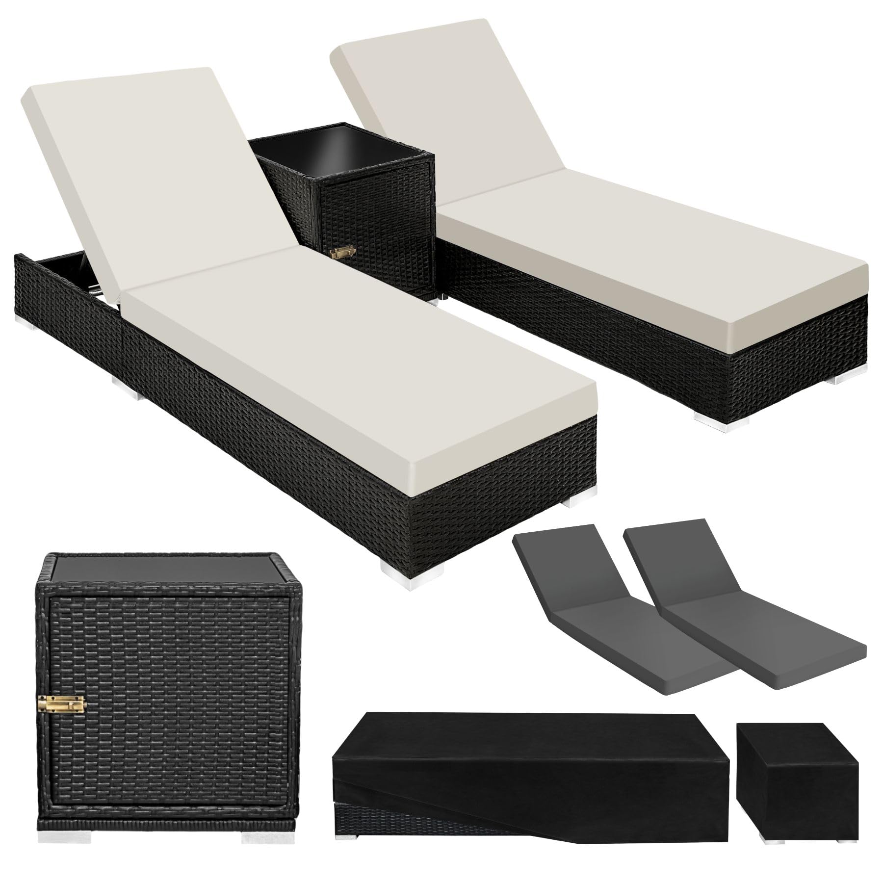 TecTake® Set 2 Tumbonas de Ratán y Aluminio + Mesa Jardín, Tumbonas Piscina Respaldo Regulable, Tumbonas Playa Resistente a la Intemperie, Fundas Intercambiables, Funda Protectora - Gris