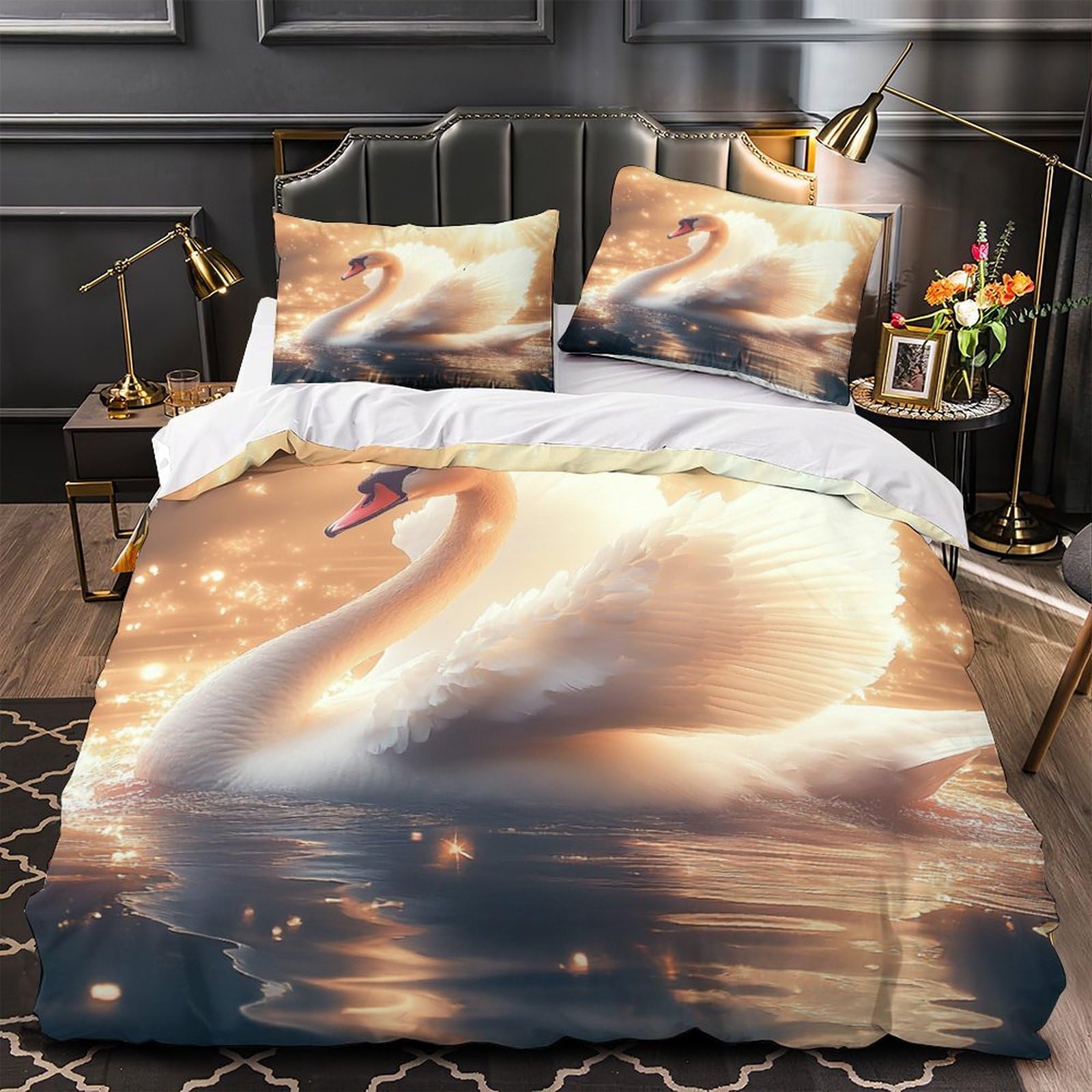 Housse de couette 220x240 cygne 3D microfibre lit king avec 2 taies d'oreiller