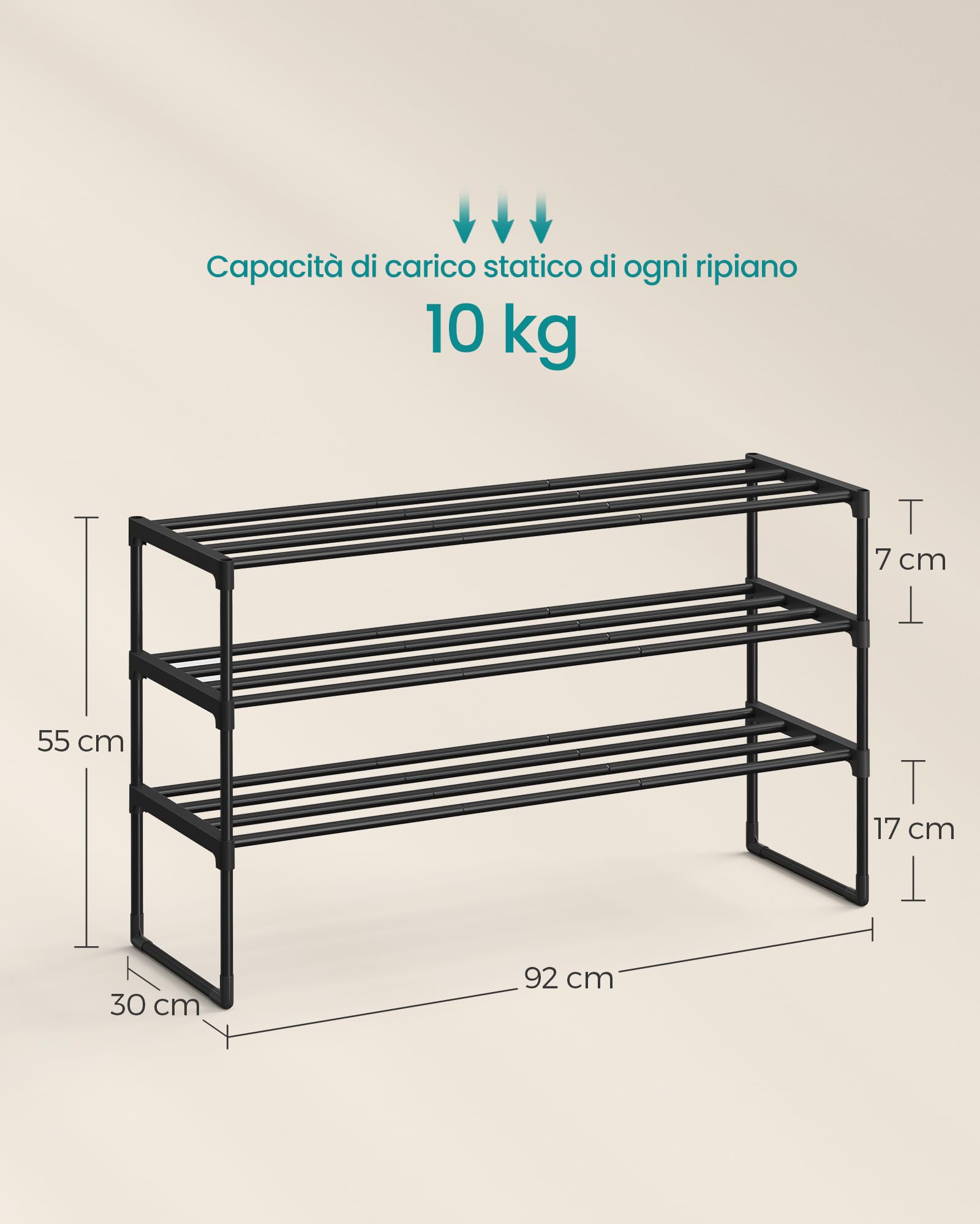 SONGMICS Scarpiera a 3 Ripiani, Scaffale Portascarpe in Metallo, per 16-20 Paia di Scarpe, Verticale o Capovolto, Impilabile, Ingresso, 30 x 92 x 55 cm, Nero LSA303B02