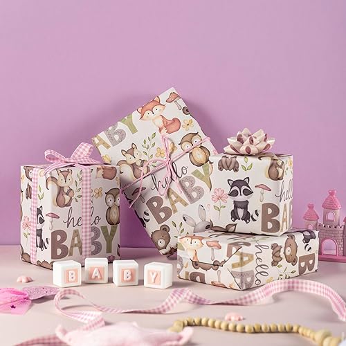 Miniatura 5 de WRAPAHOLIC Rollo de papel kraft para baby shower, mini rollo, 17 pulgadas x 16.5 pies, papel de regalo de animales del bosque pequeño para baby