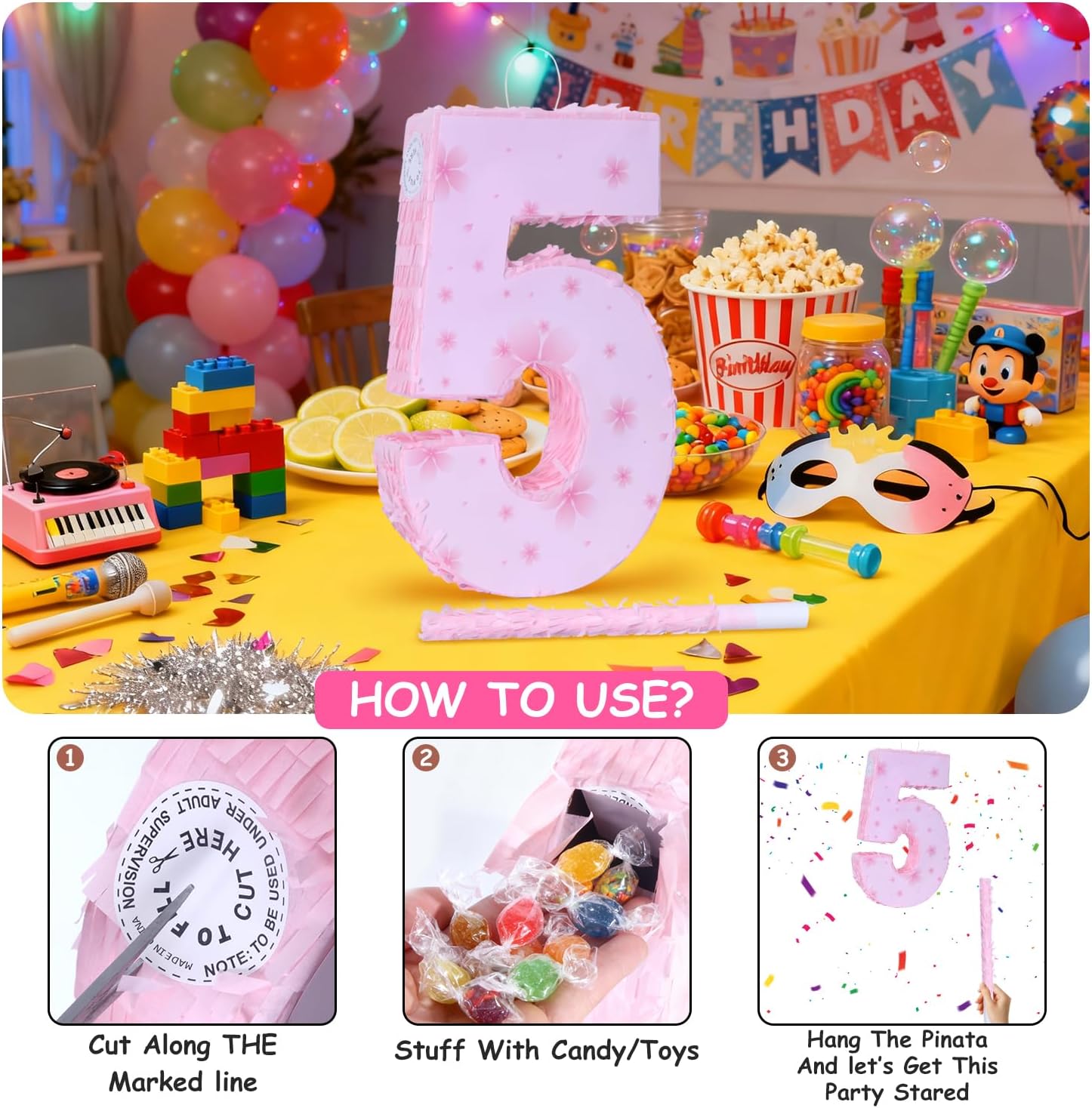 Pink Number 5 Piñata with Pinata Stick & Blindfold for Kids Girls Boys 5th Birthday Party Decorations Carnival Games with Hair Claw Clip Gift (Number 5)