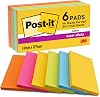 Post-it Super Sticky Notes Carnival Color Collection, Pack of 6 Pads, 90 Sheets per Pad, 76 mm x 127 mm, Yellow, Blue, Green, Pink, Orange Colors - Extra Sticky Notes for Note Taking & to Do Lists