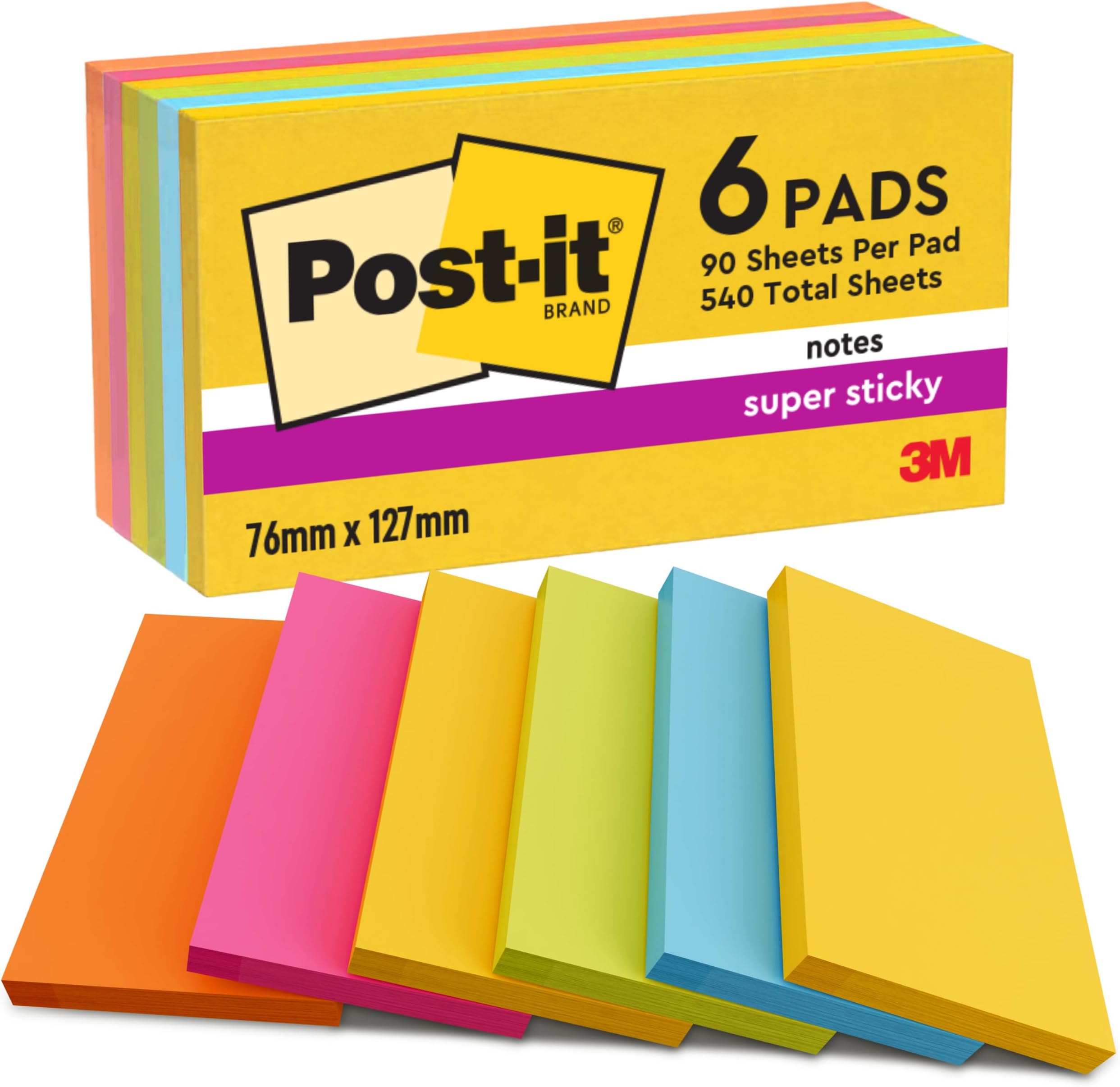 Post-it Super Sticky Notes, 540 Sheets, Pack of 6 Pads, 76 mm x 127 mm - Holds Strong to Many Surfaces - Bright Colours - for Walls, Monitors and Fridge, Recycable