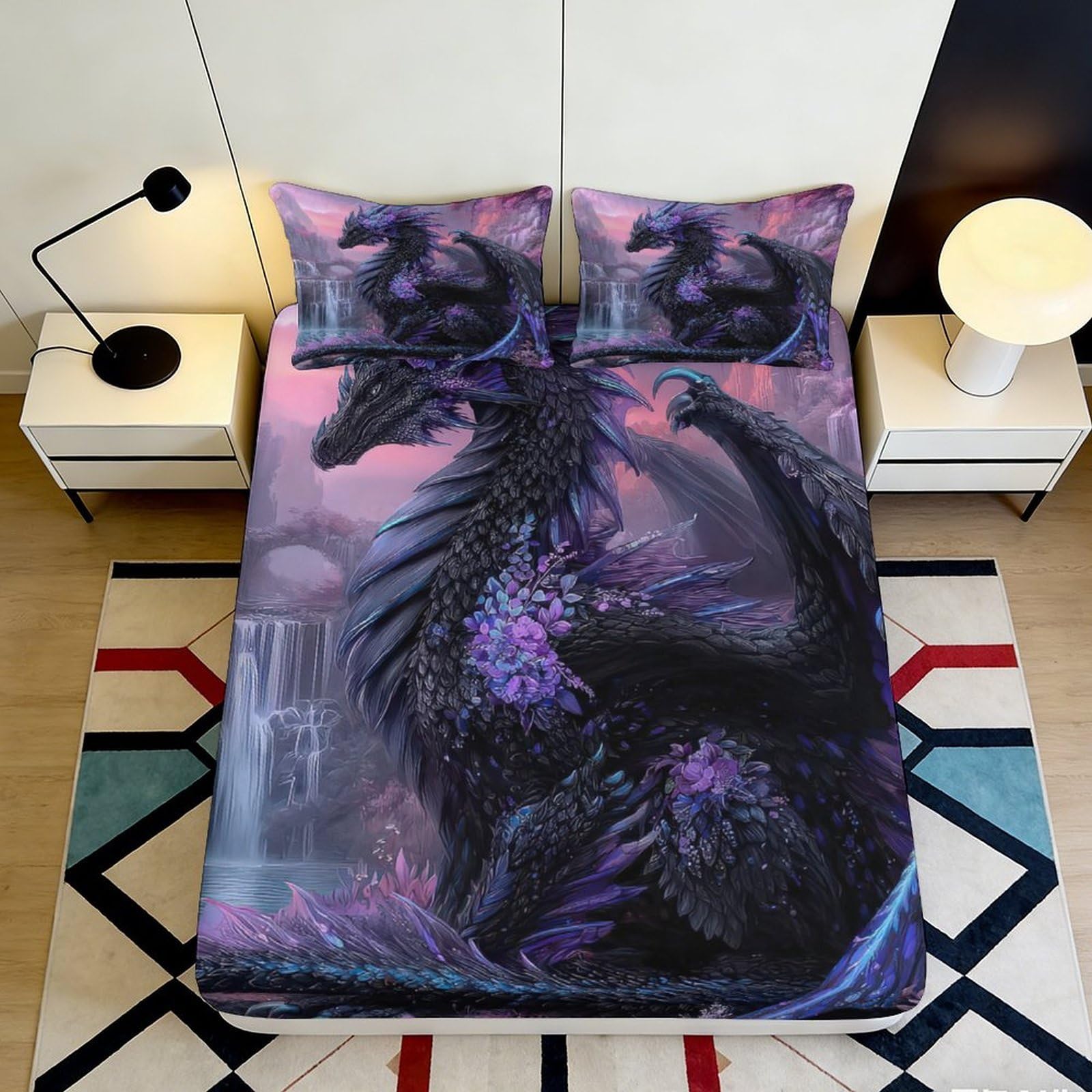 3D Printed Dark Dragon Fitted Sheet Microfiber Purple Fantasy Mattress Cover Non-Slip Easy Care Bedroom Decor for Home Dorm 90x200x25cm