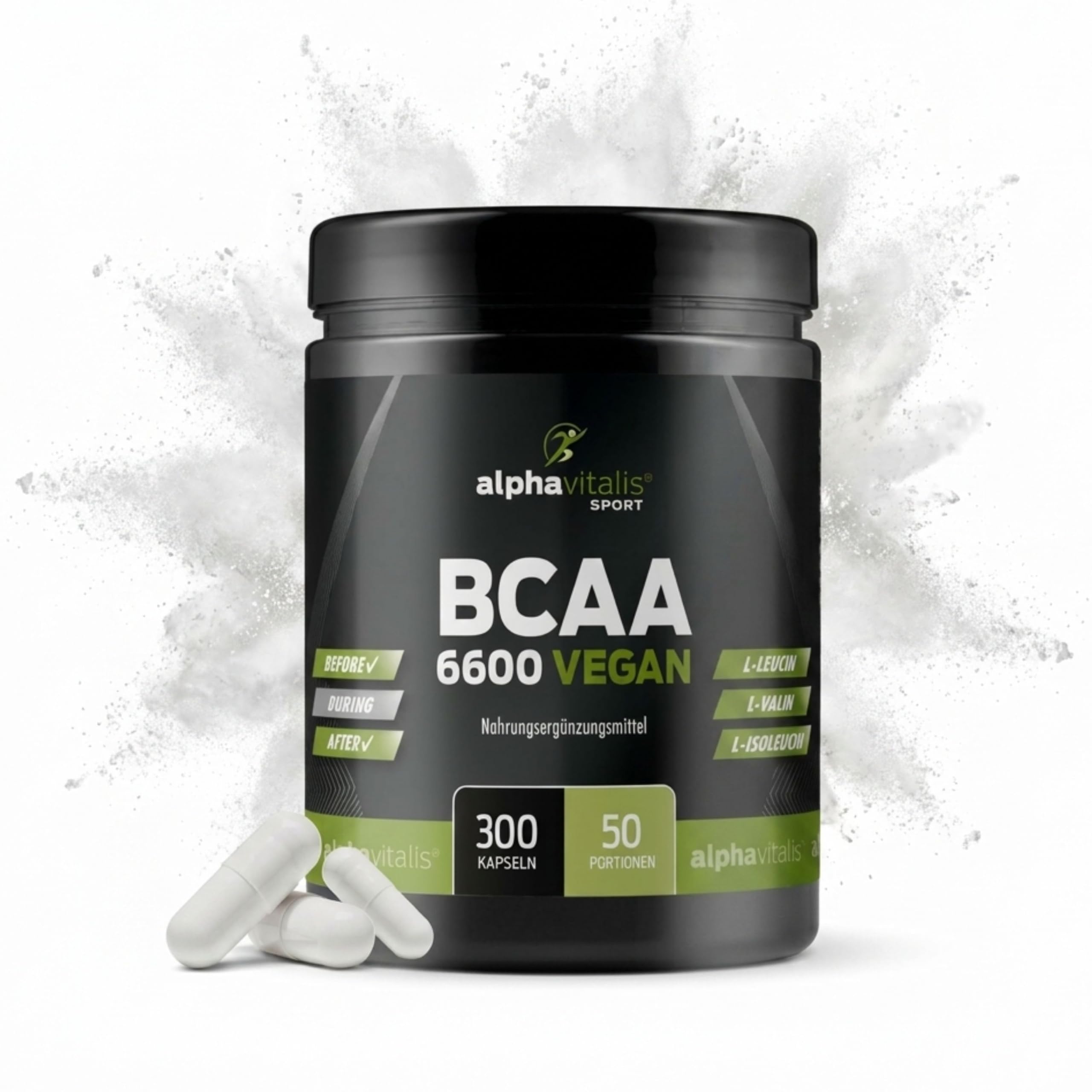 BCAA Kapseln optimal dosiert 300 Stk. - 1100 mg essentielle Aminosäuren + Vitamin B6 pro Stück - vegan, fermentiert und ohne Magnesiumstearat - L-Leucin, L-Valin, L-Isoleucin für Sportler