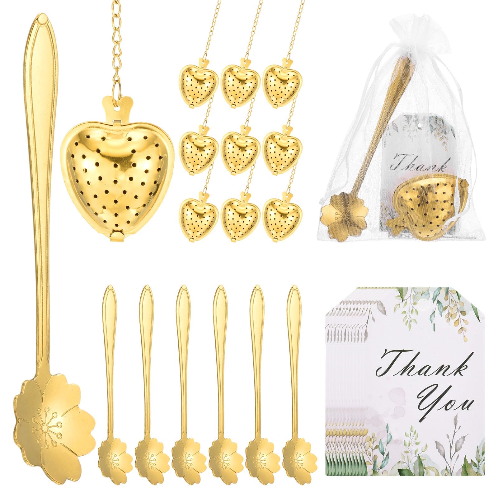 sourcing map Lot de 25 boules à infuseur en forme de cœur pour fête prénuptiale avec cuillère en forme de cœur et sac en maille pour carte de remerciement, cadeau souvenir de mariage, accessoires de