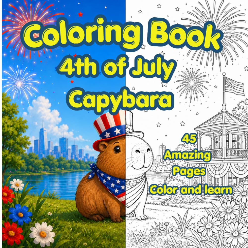 Cute Capybara 4th of July Coloring Book for Kids, Teens & Adults: 45 Adorable Patriotic Coloring Pages, Fun Facts & Educational Capybara Pages