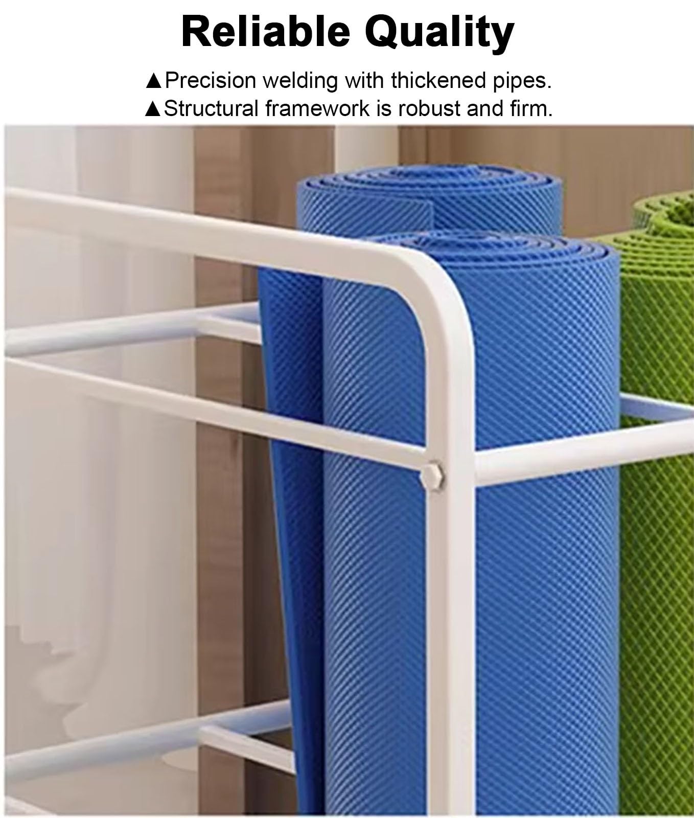 Soporte para esterilla de yoga con ruedas, estante de almacenamiento de metal para gimnasio en casa, organiza refuerzos, bloques de rodillos de espuma