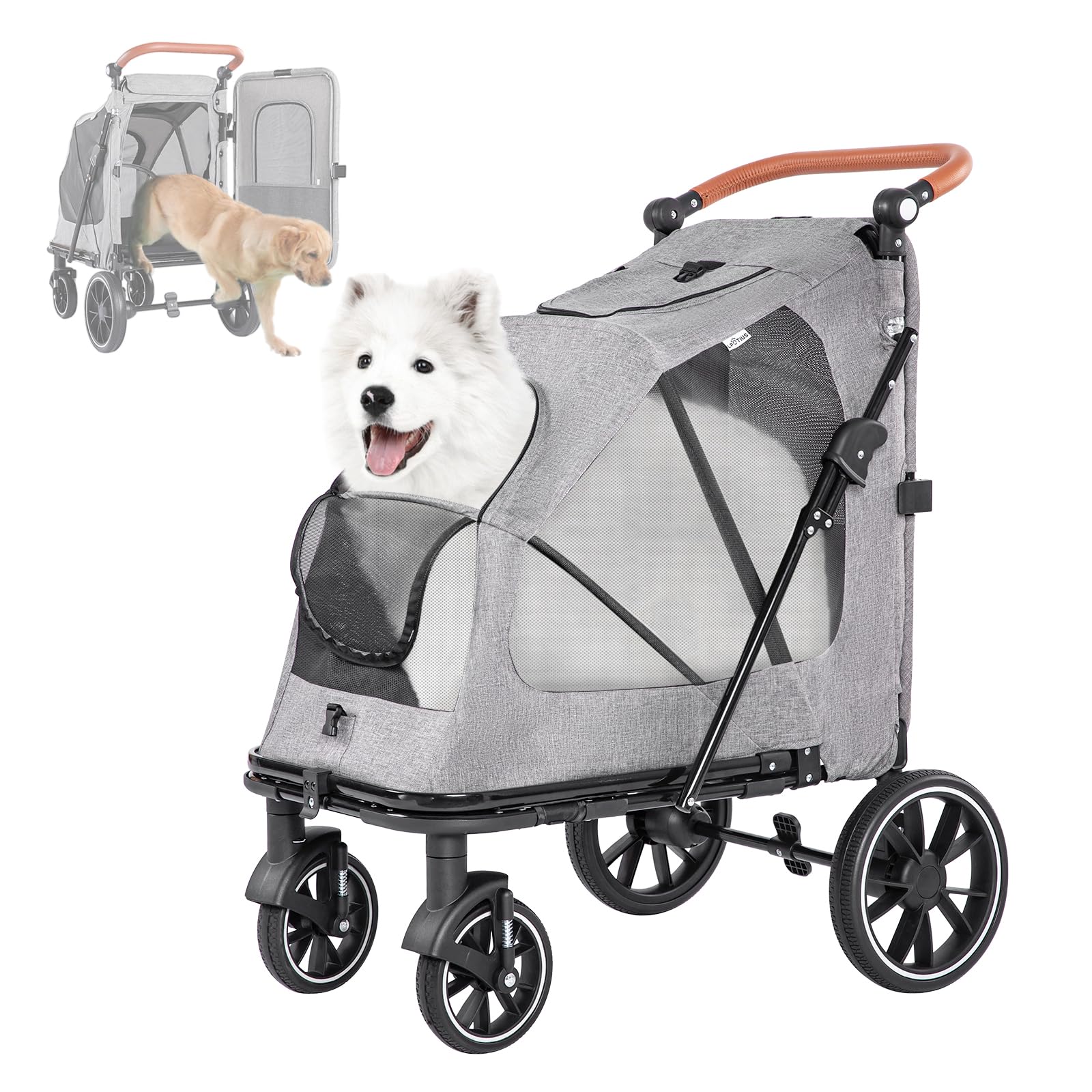 Hundewagen Hundebuggy bis 50 kg, Faltbarer Hundetrolley, Katzenbuggy für große und mittelgroße Hunde, Hundebuggy Große Hunde Schwerlast Hundewagen mit 4 Rädern Verstellbarer Griff