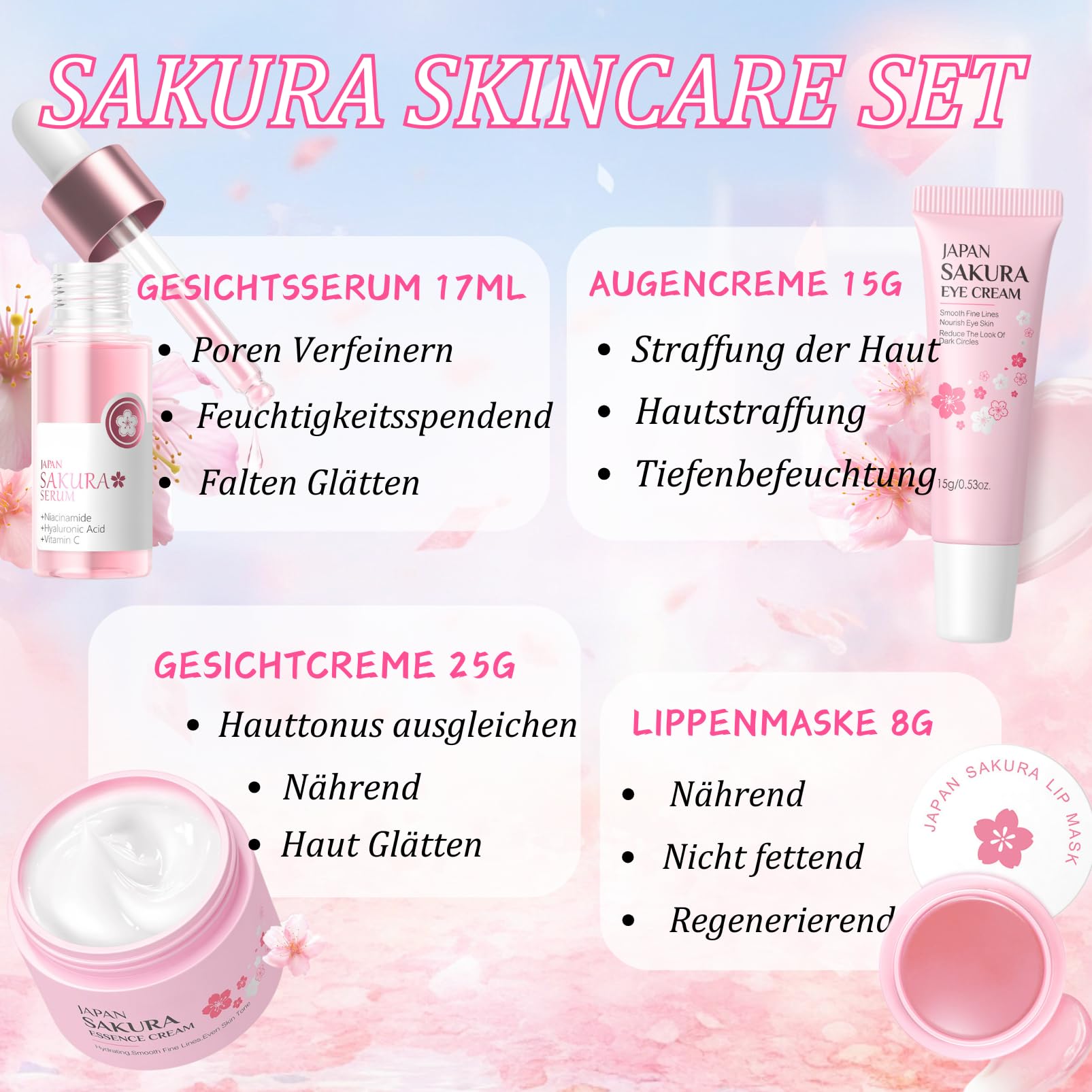 Sakura Skin Care Set Teenager Mädchen Geschenke - Skincare Set 11 Stück - Hautpflege Beauty Set Frauen - Anti Aging & Nährend Gesichtspflege Set - Damen Geschenkset - Mit Schlammmaske,Serum,Creme