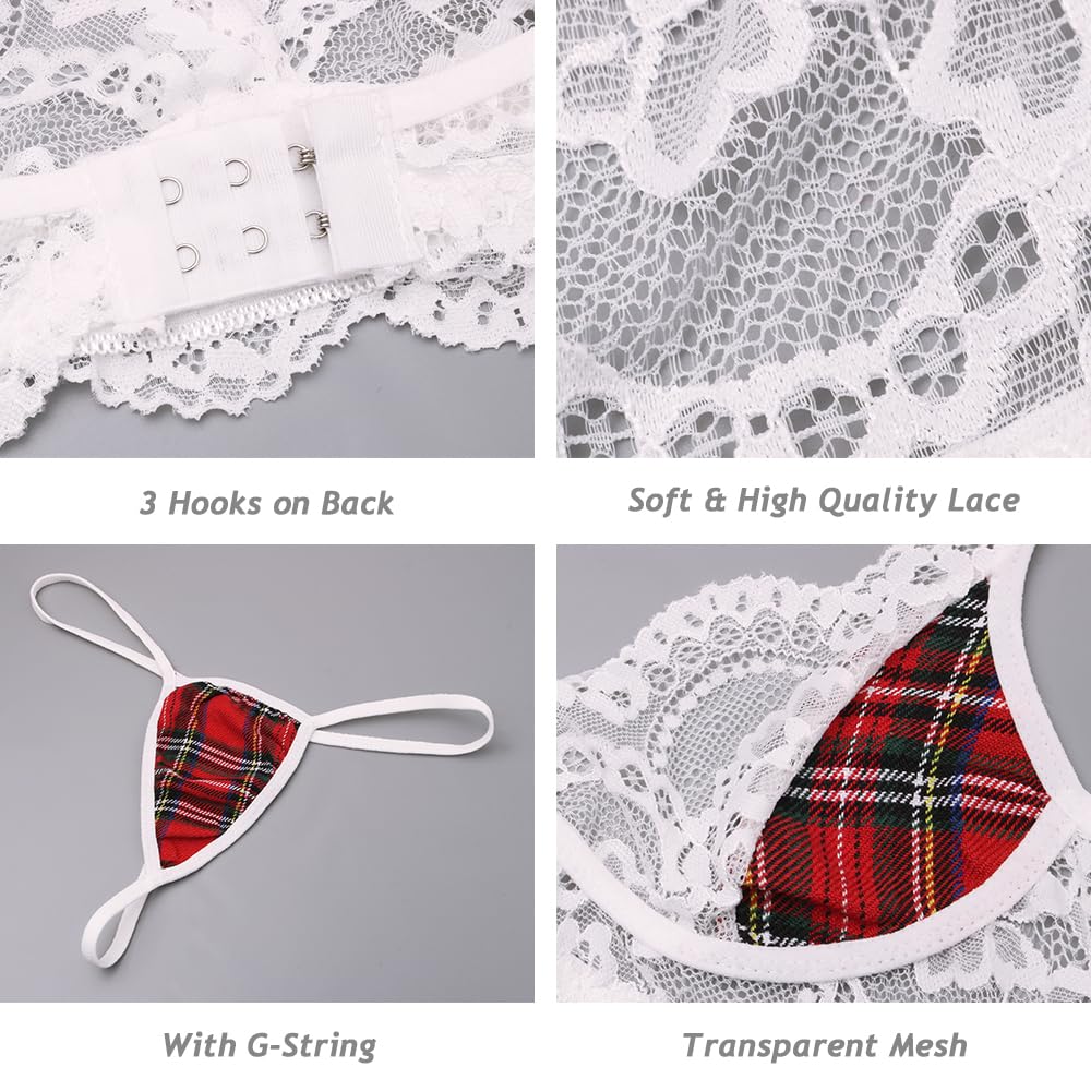 Ensemble de Lingerie Femme 5 Pièces en Dentelle avec Soutien-Gorge et Jupe Plissée de Lingerie Plaid Jupe Costume Nuisette Lingerie Rôle sous-Vêtements