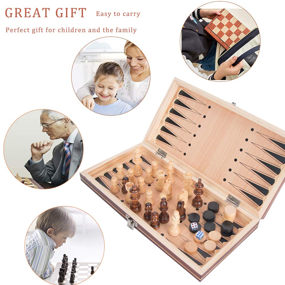 3in1 Wooden Chess Set & Checkers & Backgammon Set with Folding