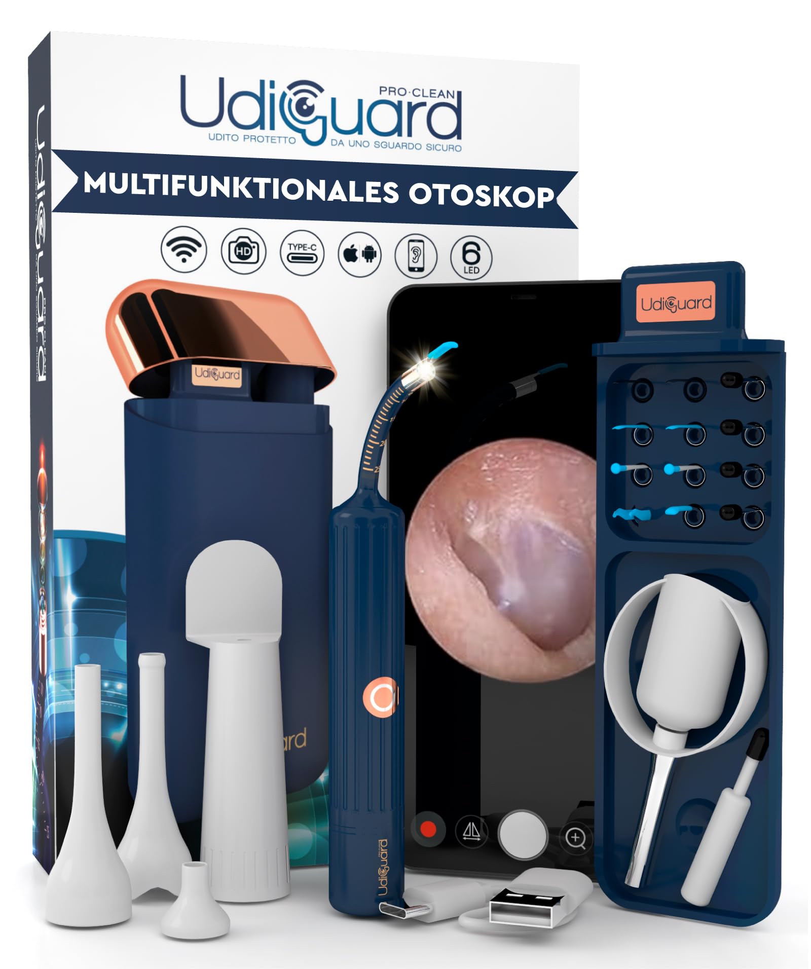 Ohrenschmalz Entferner Otoskop Flexibler Digitaler Ohrreiniger 10MP-HD-Kamera WiFi Ohrenspiegel UdiGuard Pro-Clean mit Pinzette und Austauschbaren Spitzen - Hals-Nasen-Ohren-Set Erwachsene und Kinder