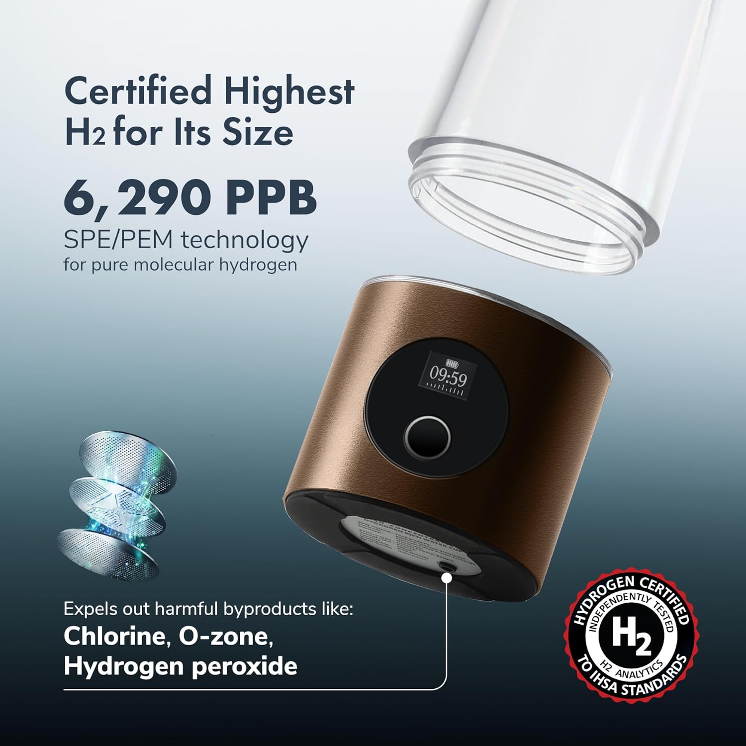 Hydrogen Water Bottle Generator | 17 OZ | UP to 6,290 PPB H2 Molecular Hydrogen | SPE/PEM Electrolysis | Ergonomic Handle | Dual-Mode | 2200 mAh Battery | Certified by H2 Analytics | Brown