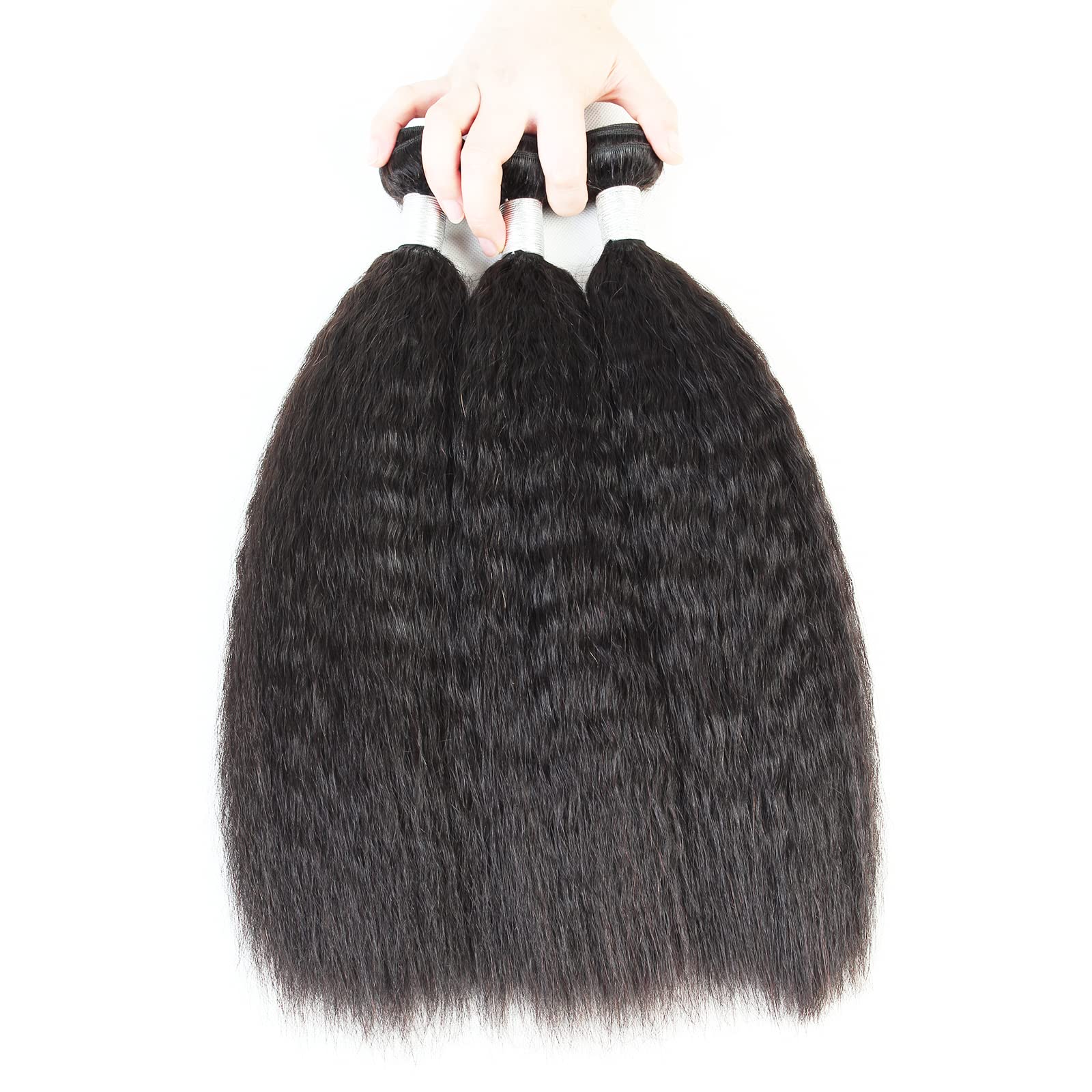 12a Kinky Straight Bundles Human Hair Yaki Bundles Brazilian Remy Hair Weave 16 16 16 inch 100% Unprocessed Virgin Human Hair 3 Bundles Extensions Natural Color