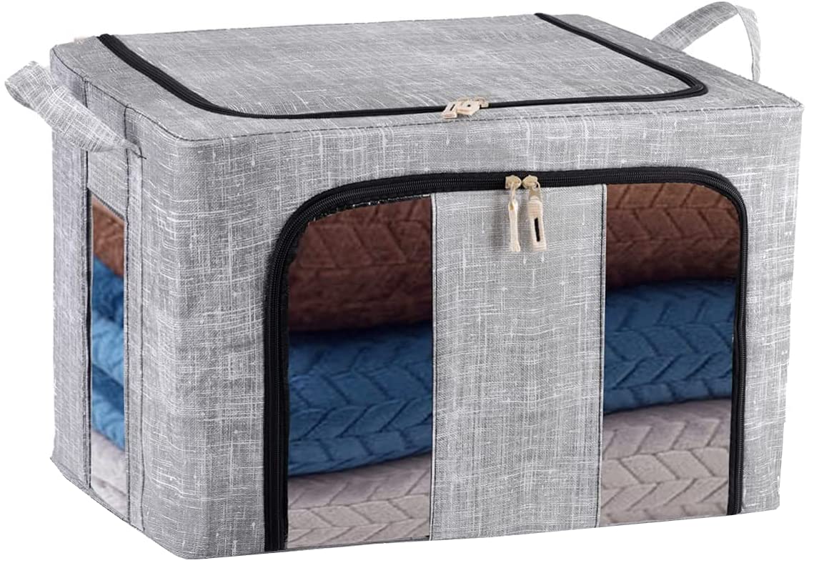 Craava Linen Fabric Foldable Cloth Storage Organizer Boxes for Wardrobe With Steel Frame & Carry Handles 66L-(50 * 40 * 33) CM, Grey