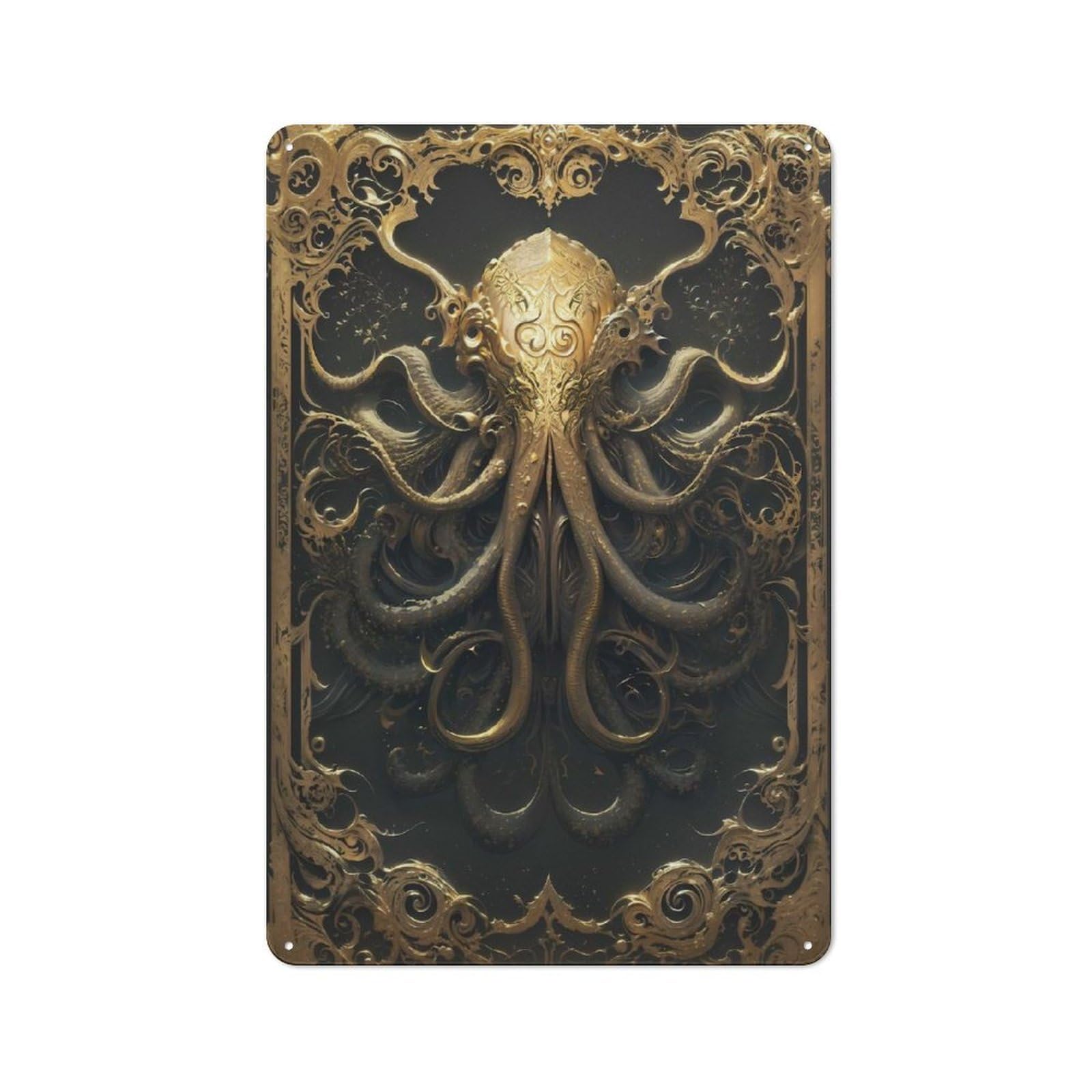Junmoney Style-22 Vintage Tin Sign 30X20cm With Golden Cthulhu Art Deco For Dining Room Or Kitchen, For Autumn Interiors With Vintage Character