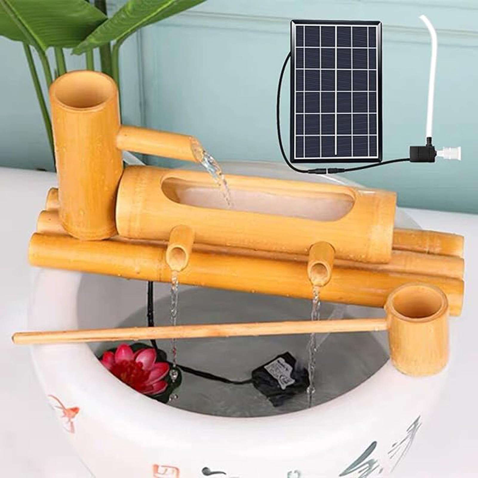 asdchZen Handmade Solar Bamboo Fountain Kit With Pump, Freestanding Zen Water Feature, Feng Shui Circulating Water Ornament, Bamboo Spout Garden Decor, For Pond, Backyard, 28In