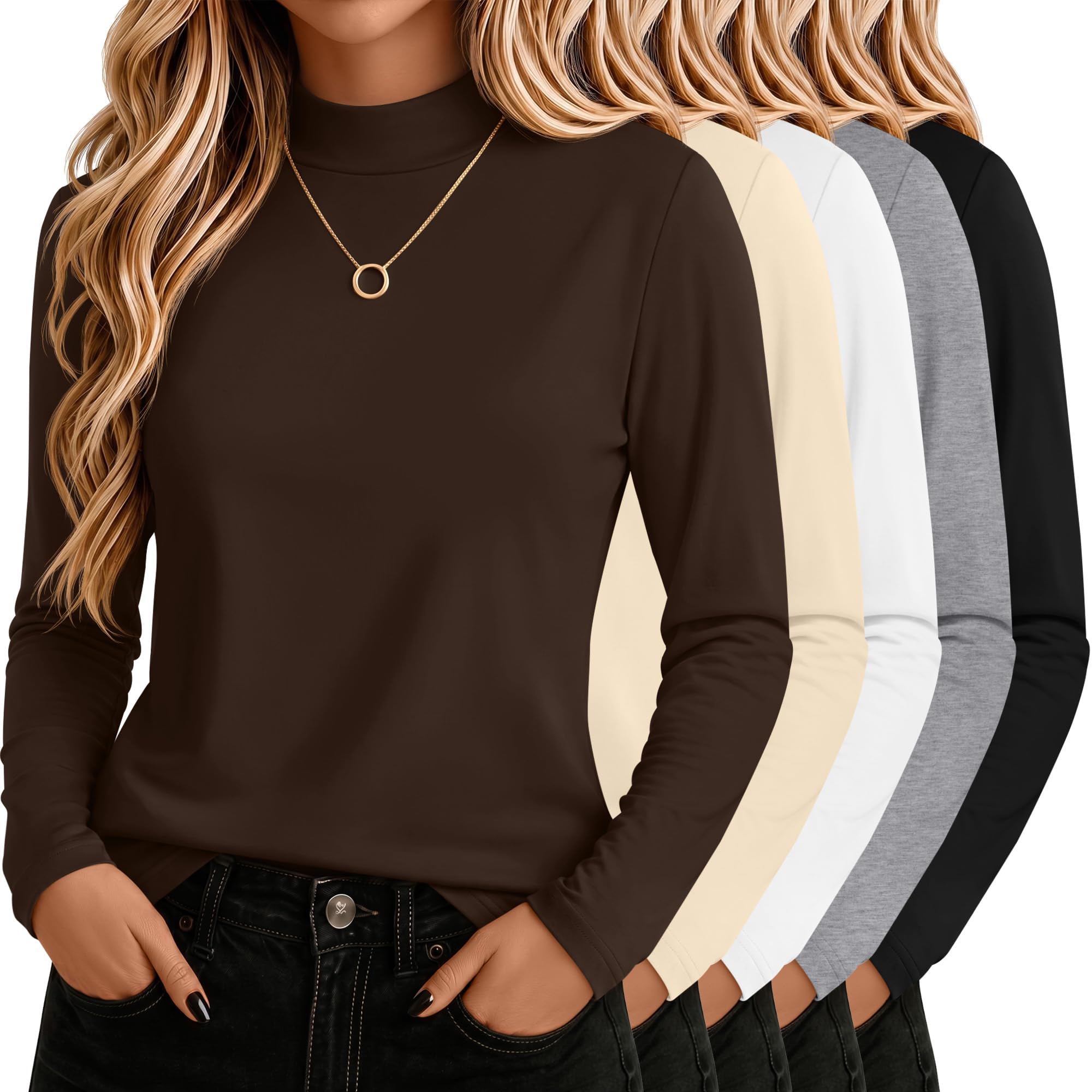 Lot de 5 T-Shirts Basiques à col roulé et Manches Longues en Coton pour Femme