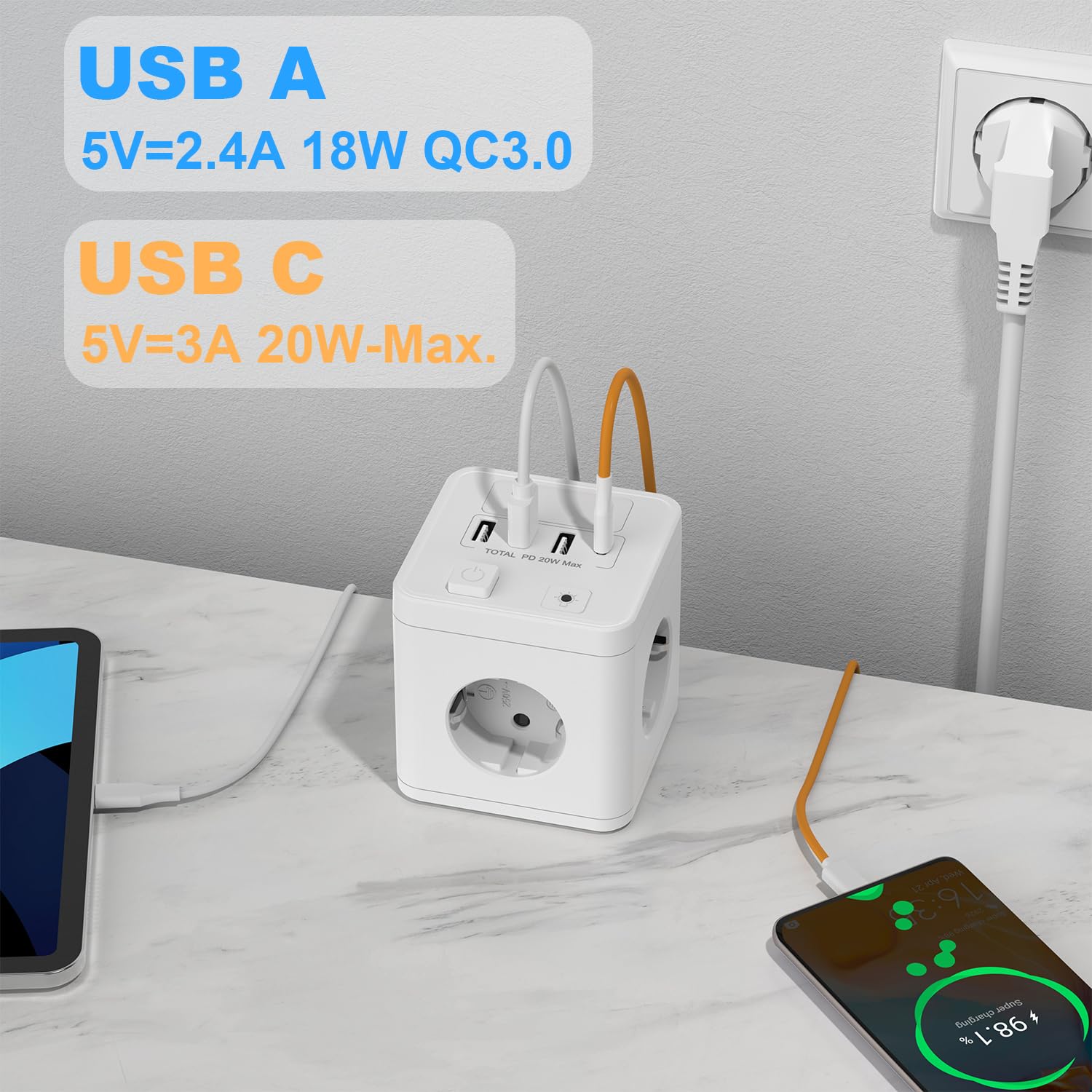Ladron Enchufes USB C 20W con 4 Tomas, Cubo Regleta Enchufes 1.5 Cable con 1 USB C y 3 USB A, Enchufe Múltiple con Interruptor y luz Nocturna para Viajes, Cocina, Oficina — view 3