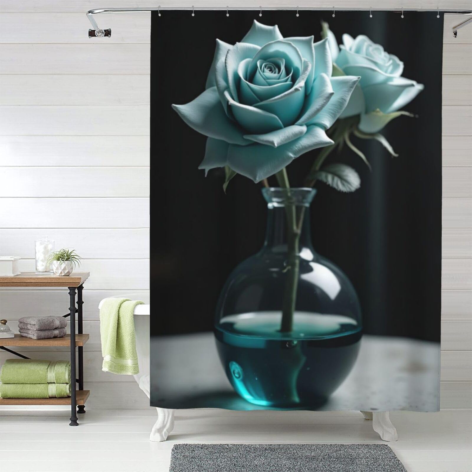 Rideau de douche en tissu opaque 152x183 cm à motif vase rose cyan avec crochets pour salle de bain