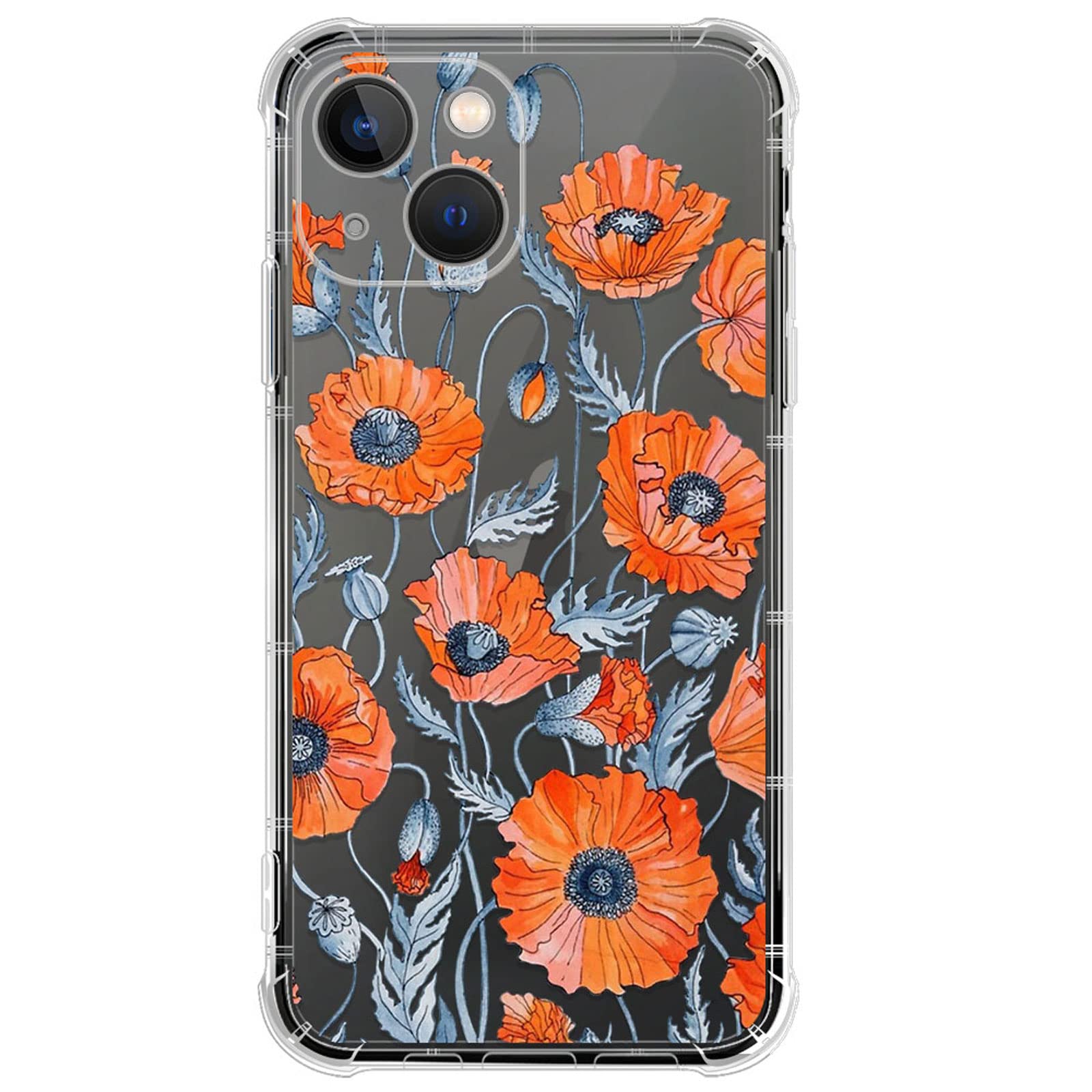 CARLOCA Compatible with iPhone 14 Case for Girl,Clear with Orange Flower Pattern Design Plastic Shockproof TPU Bumper Protective Case for iPhone 14