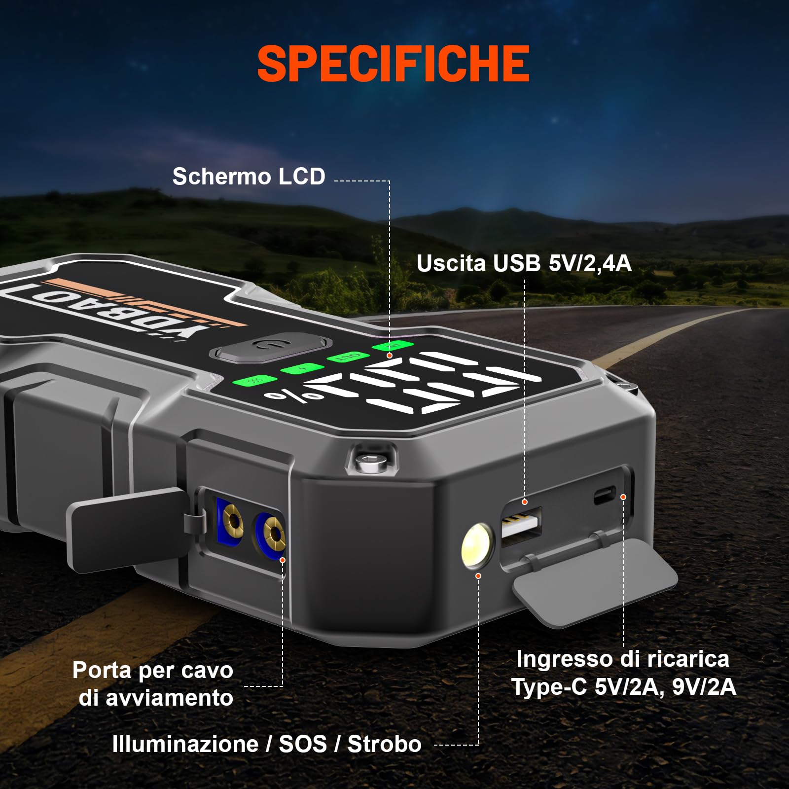 YDBAO Avviatore Batteria Auto 8000A Avviatore di Emergenza per Auto/Moto (Fino e 10.0L Diesel) 12V Booster Avviamento con Display LCD Jump Starter con Torcia a LED per Auto, Moto, Camion